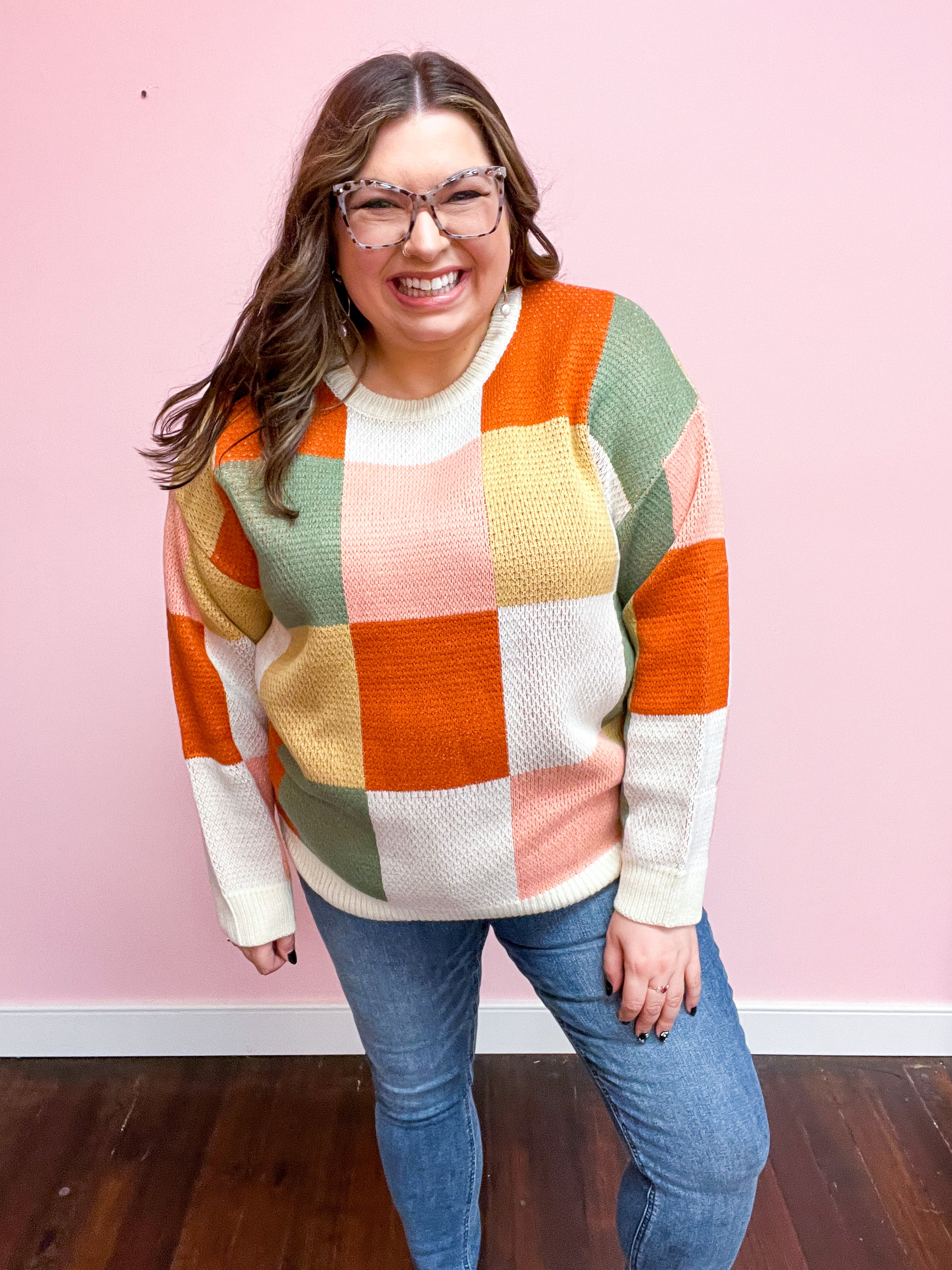 Ivory & Rust Checker Jacquard Knit Sweater