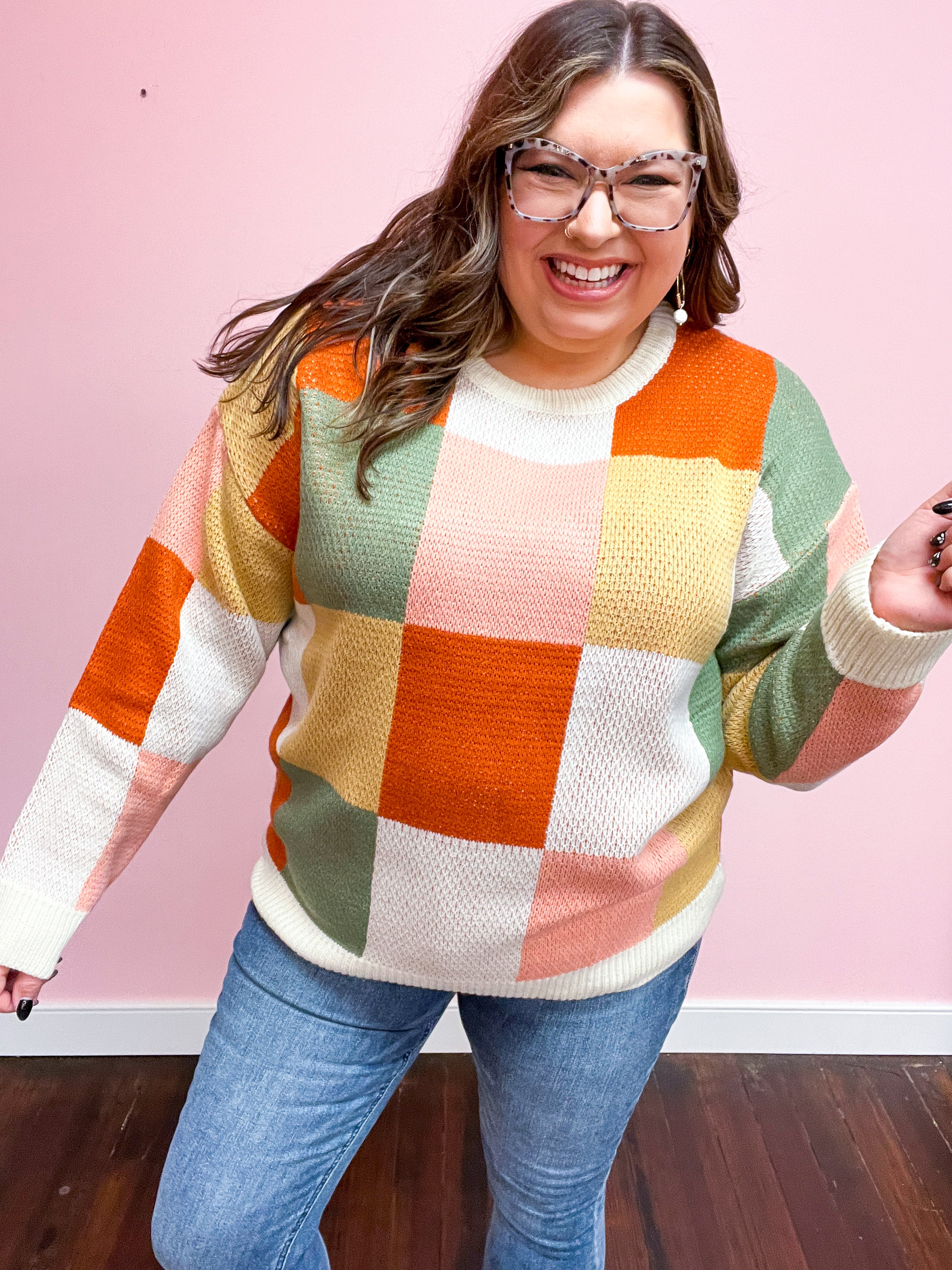Ivory & Rust Checker Jacquard Knit Sweater