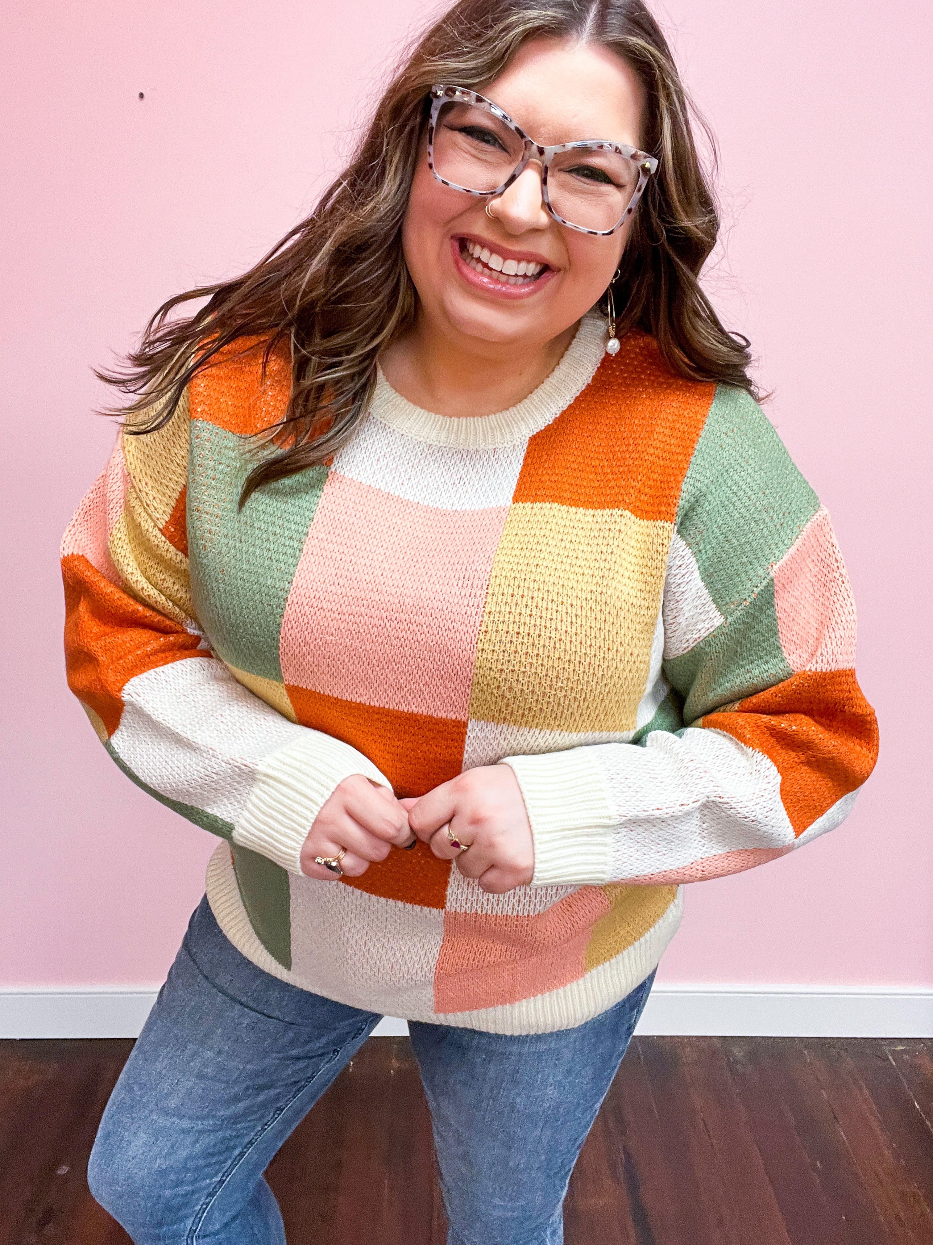 Ivory & Rust Checker Jacquard Knit Sweater