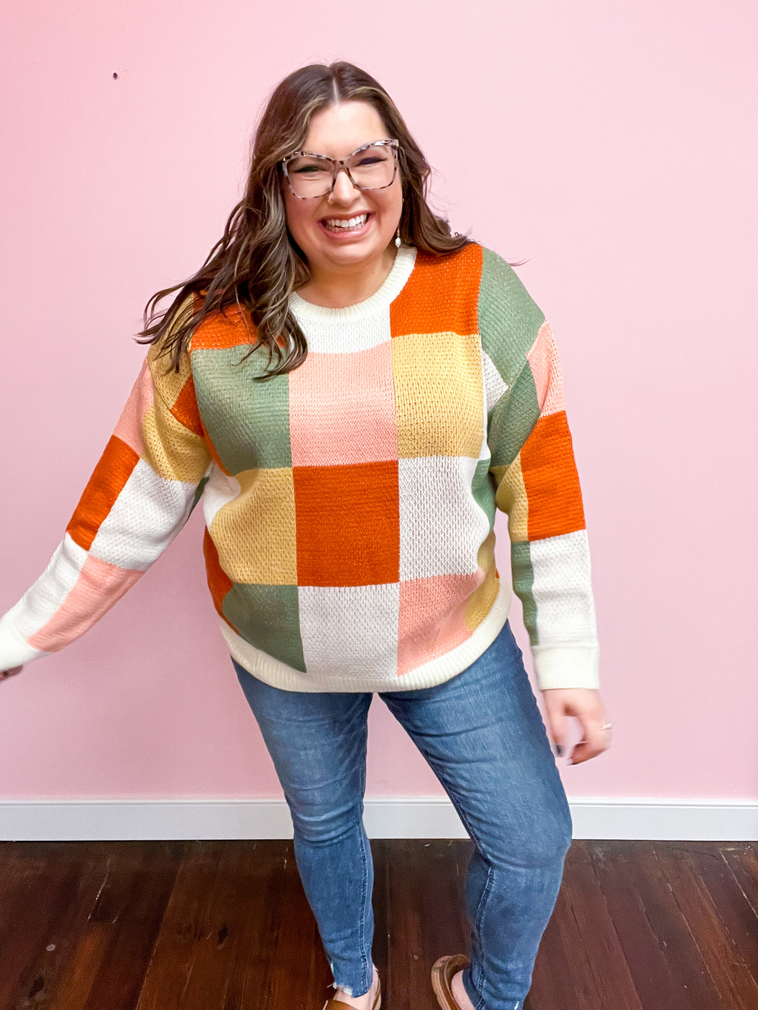 Ivory & Rust Checker Jacquard Knit Sweater