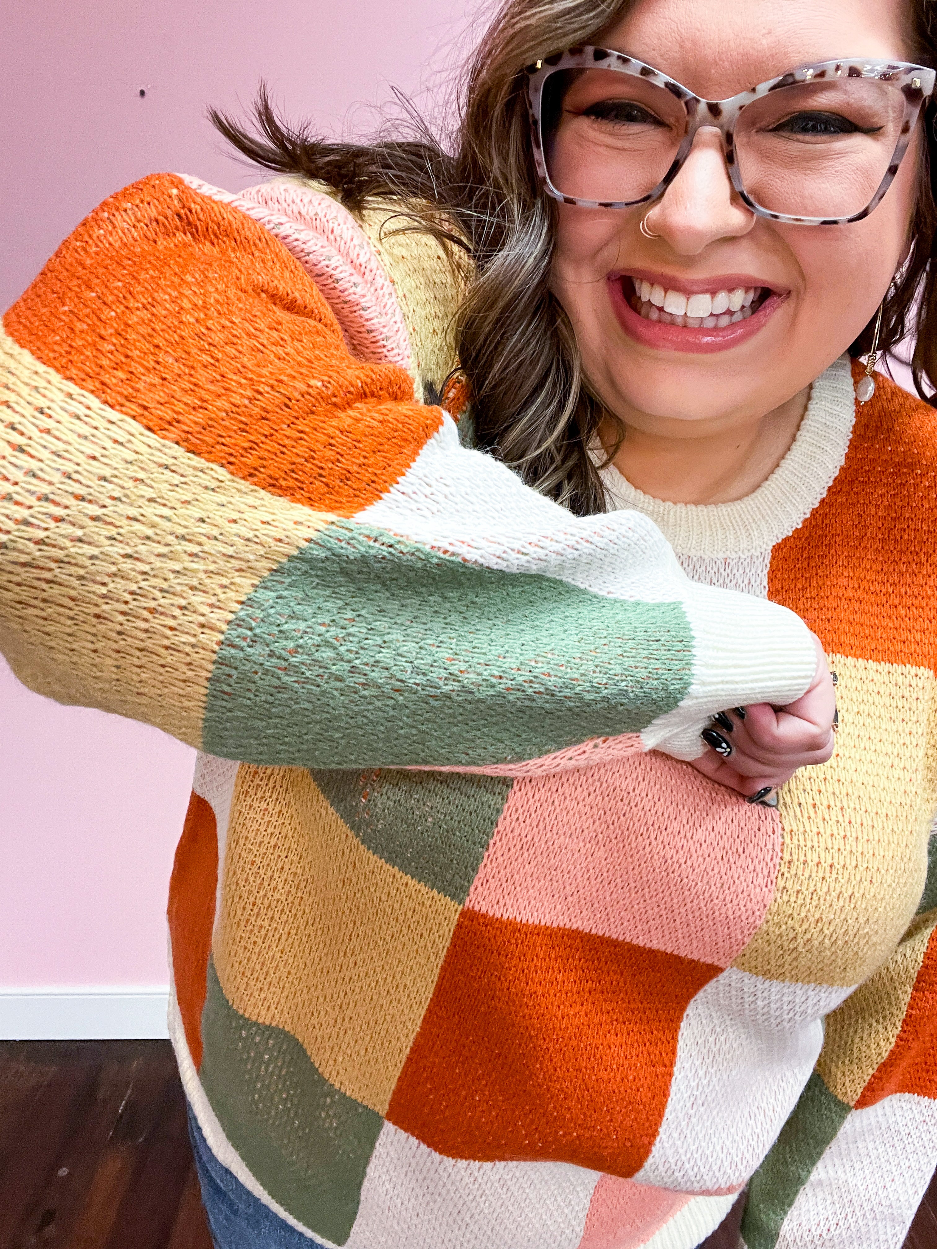 Ivory & Rust Checker Jacquard Knit Sweater