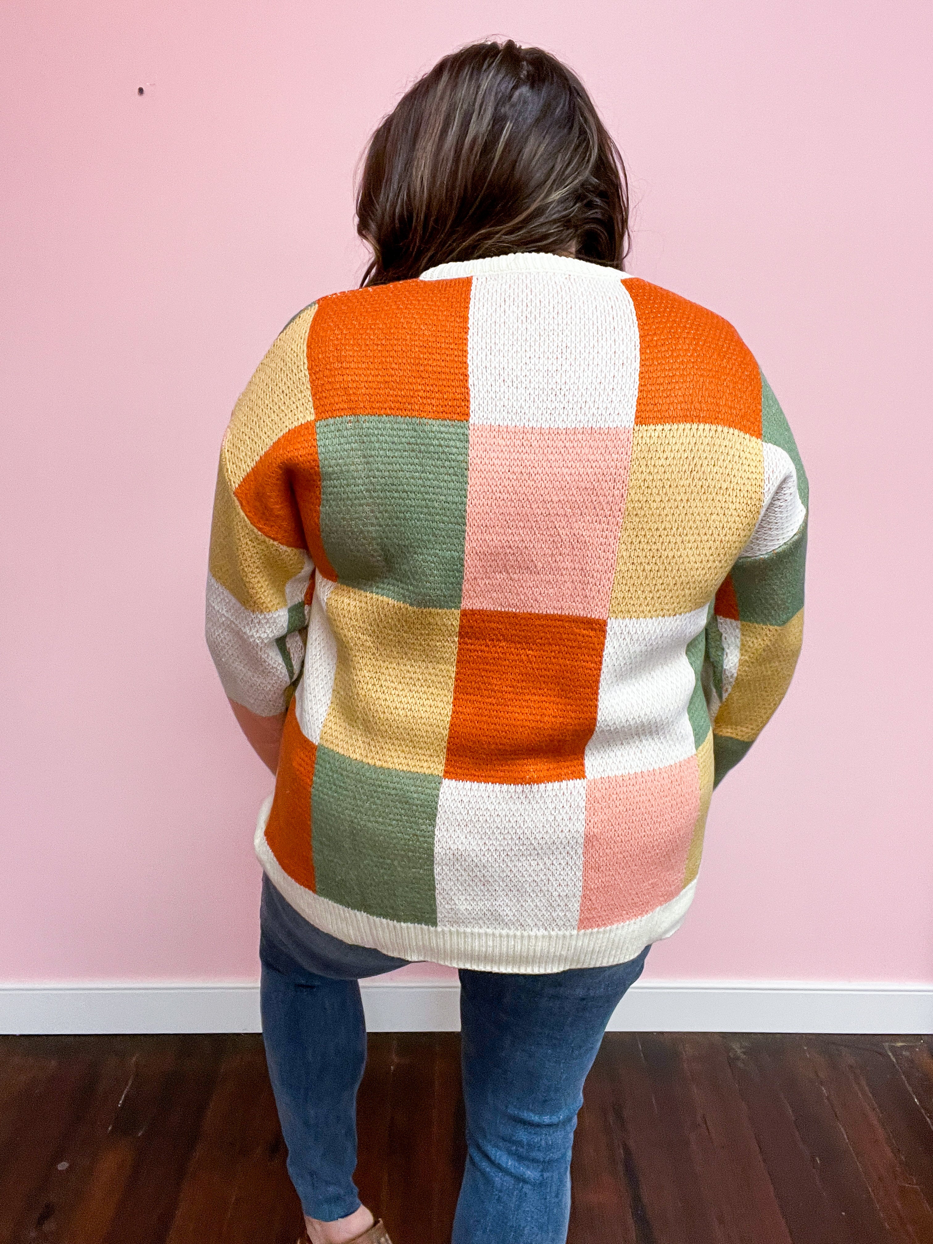 Ivory & Rust Checker Jacquard Knit Sweater