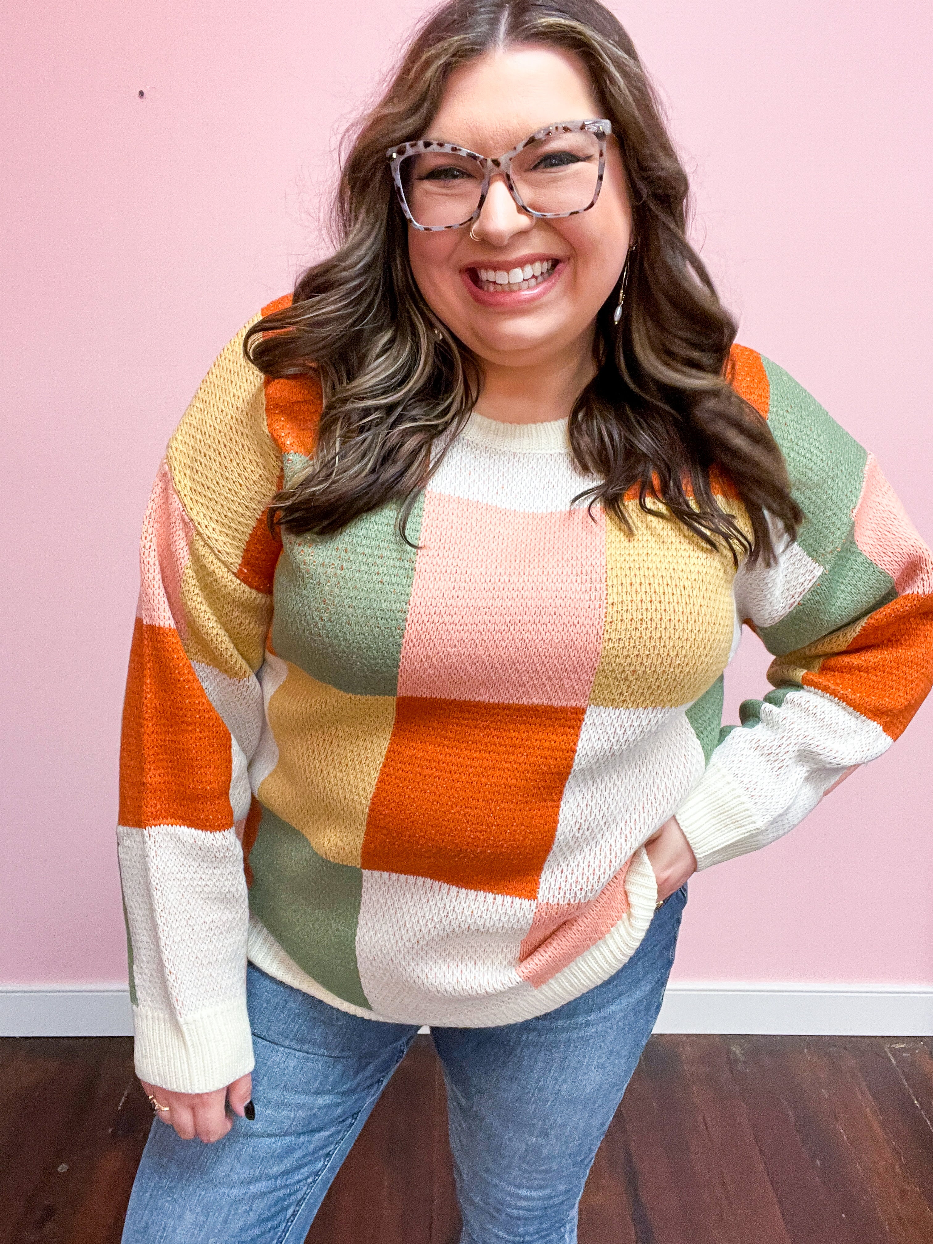 Ivory & Rust Checker Jacquard Knit Sweater
