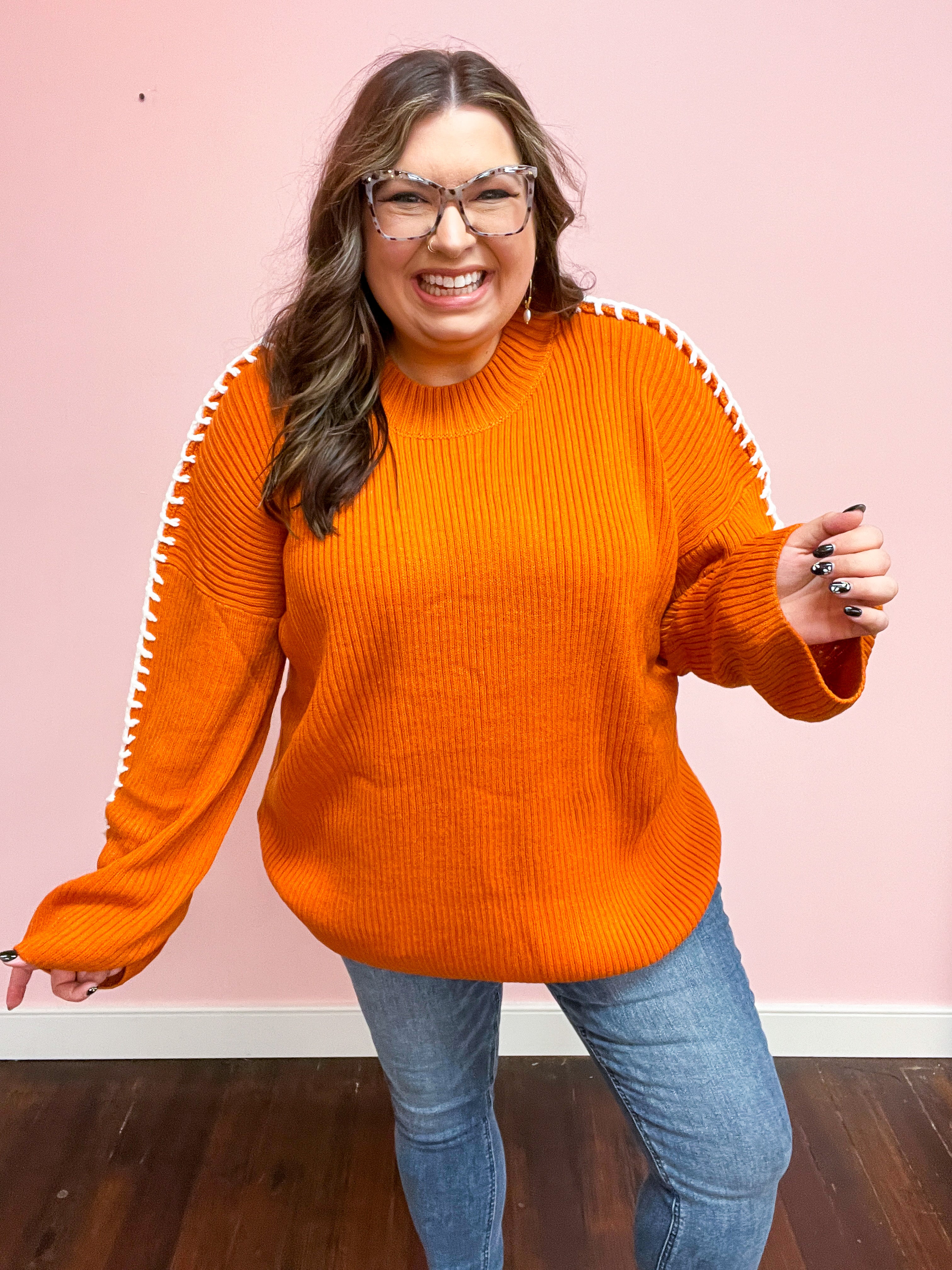 Rust Rib Knit Stitch Detail Oversized Sweater