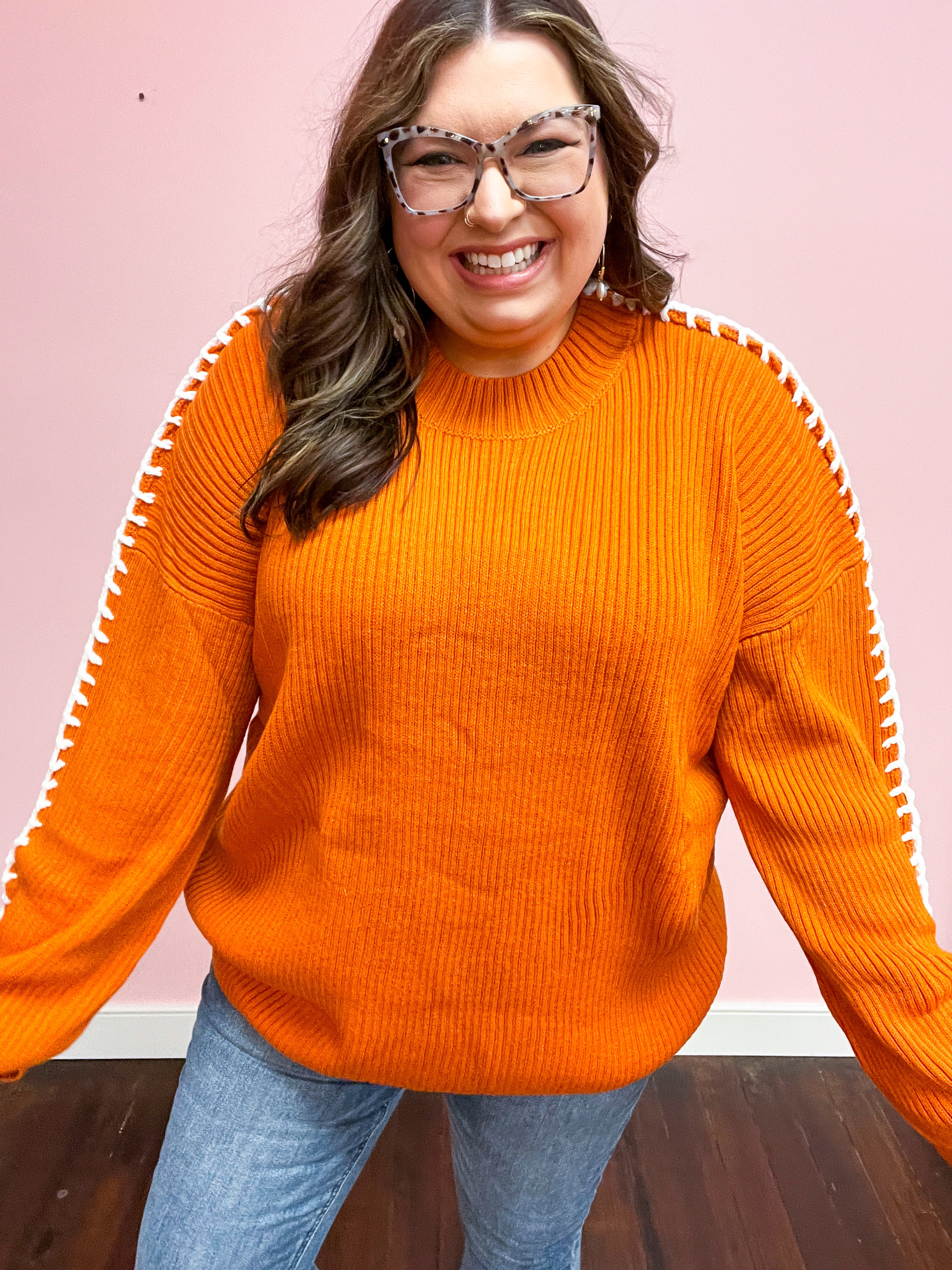 Rust Rib Knit Stitch Detail Oversized Sweater