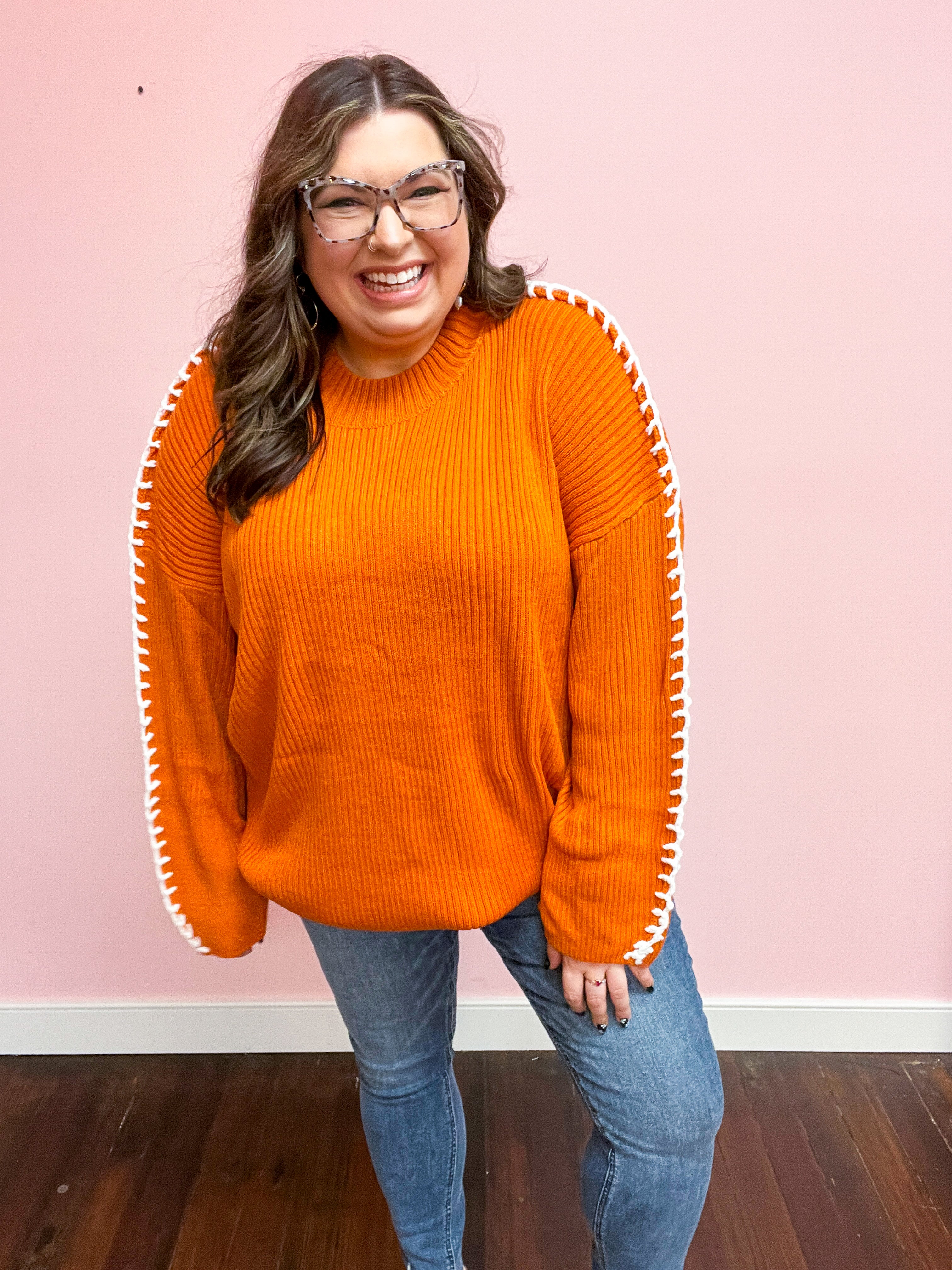 Rust Rib Knit Stitch Detail Oversized Sweater
