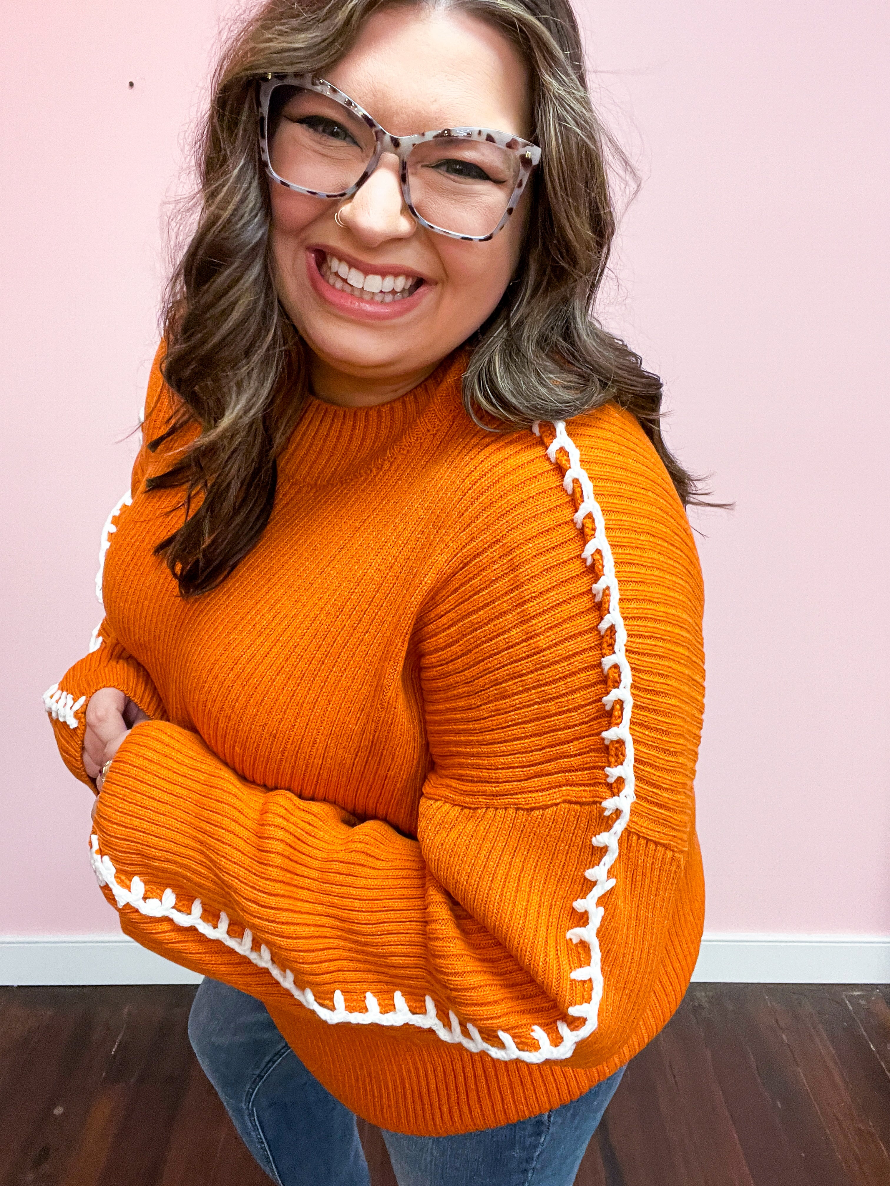 Rust Rib Knit Stitch Detail Oversized Sweater
