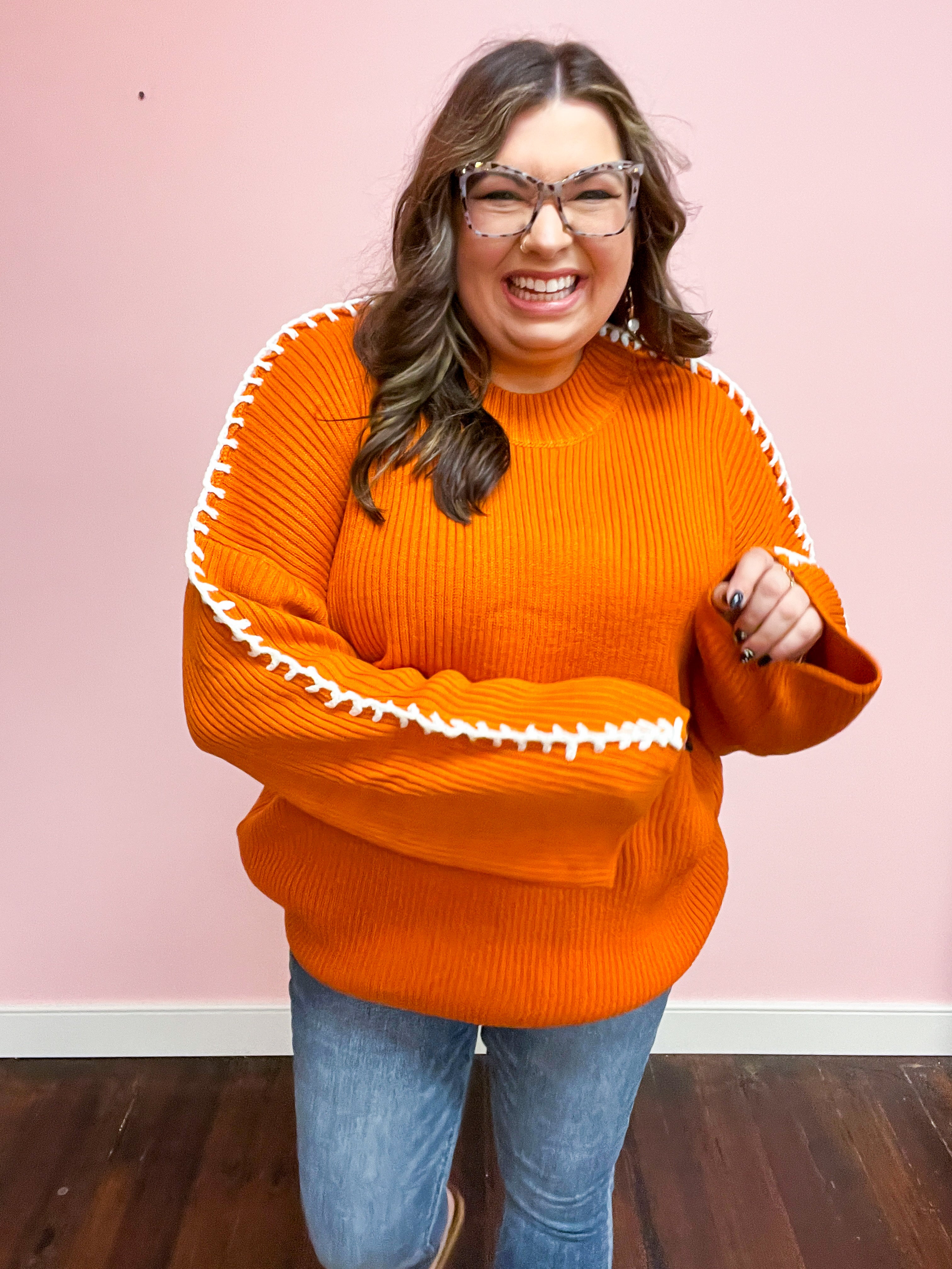 Rust Rib Knit Stitch Detail Oversized Sweater