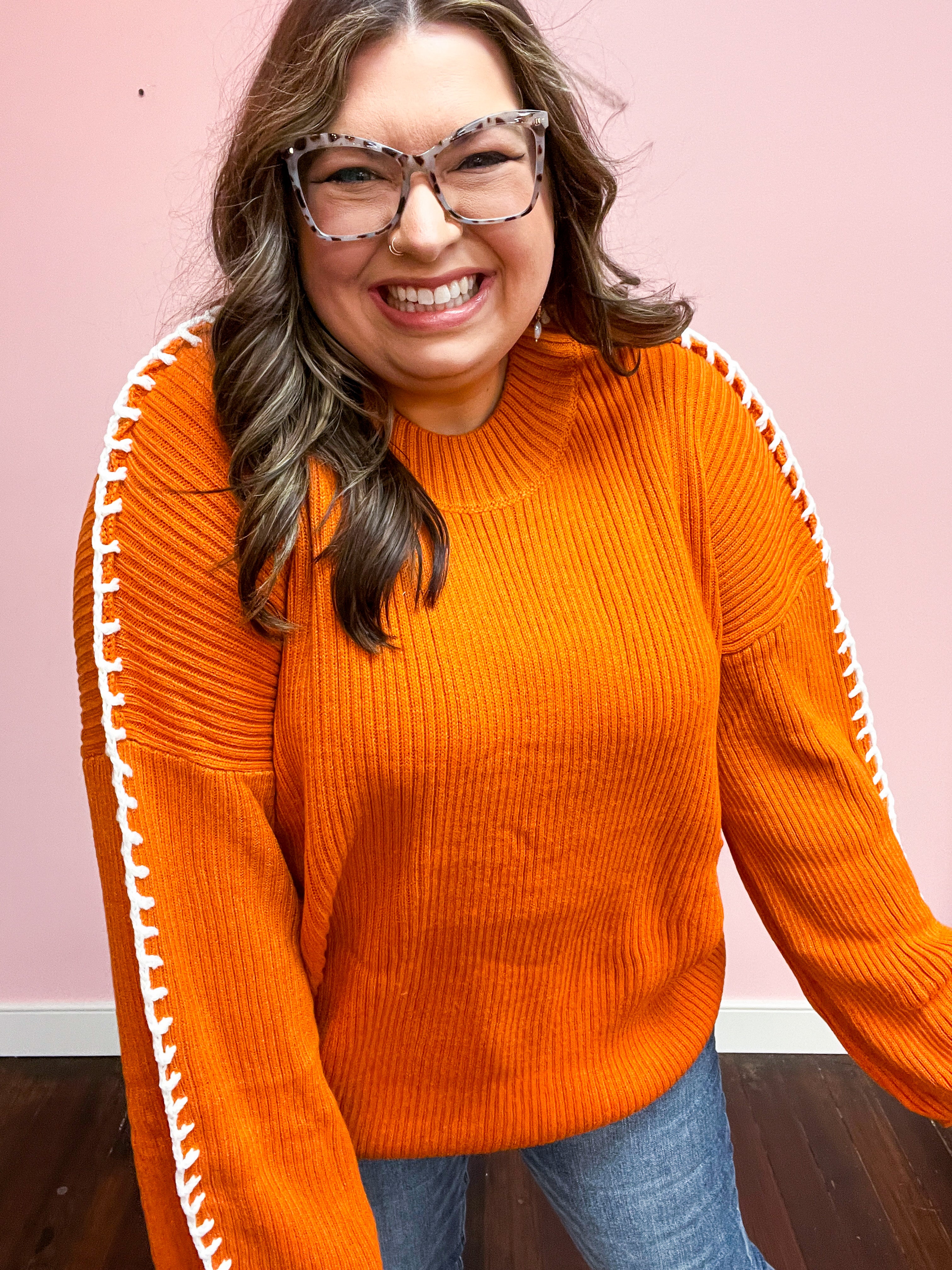 Rust Rib Knit Stitch Detail Oversized Sweater