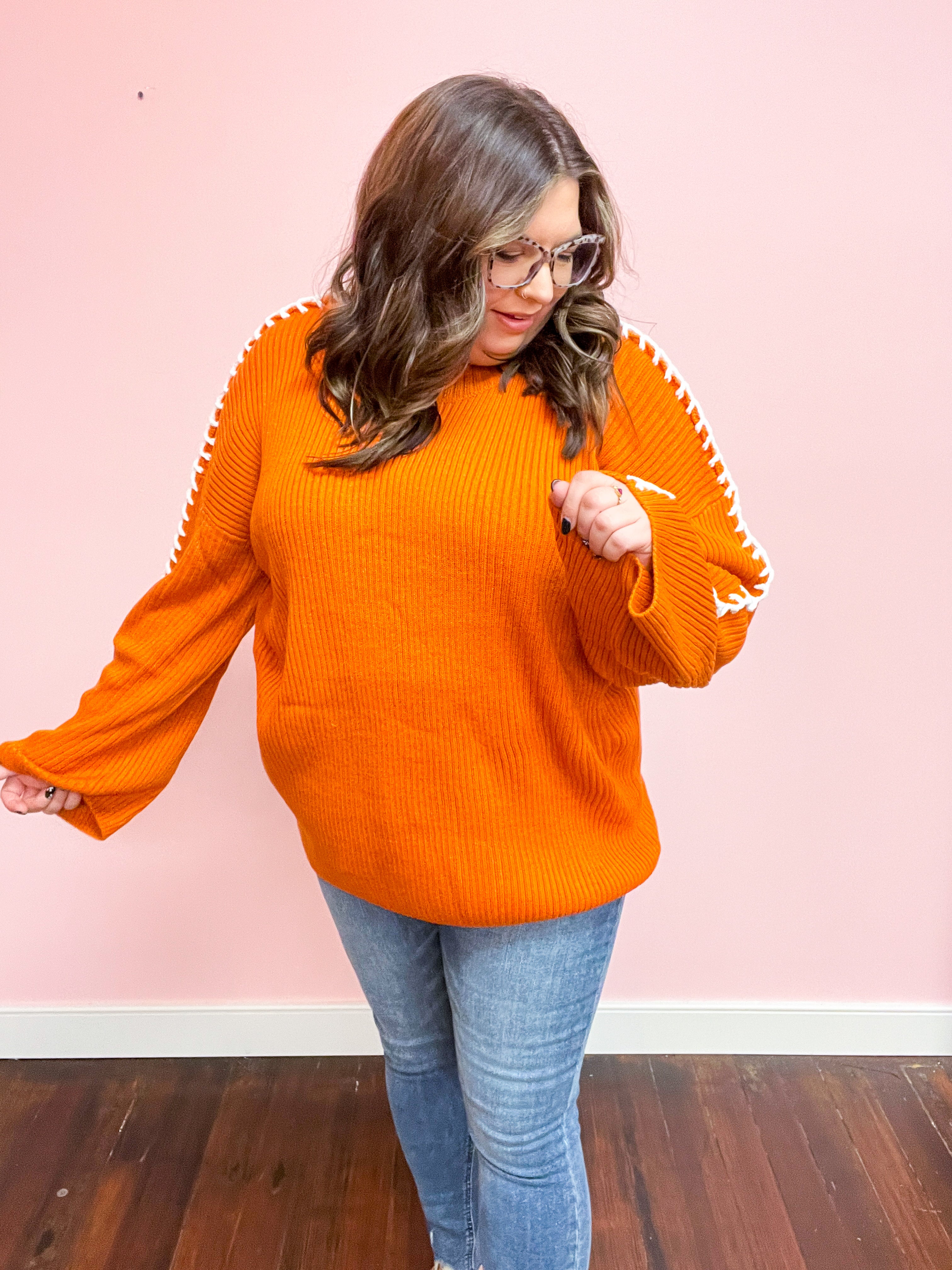 Rust Rib Knit Stitch Detail Oversized Sweater