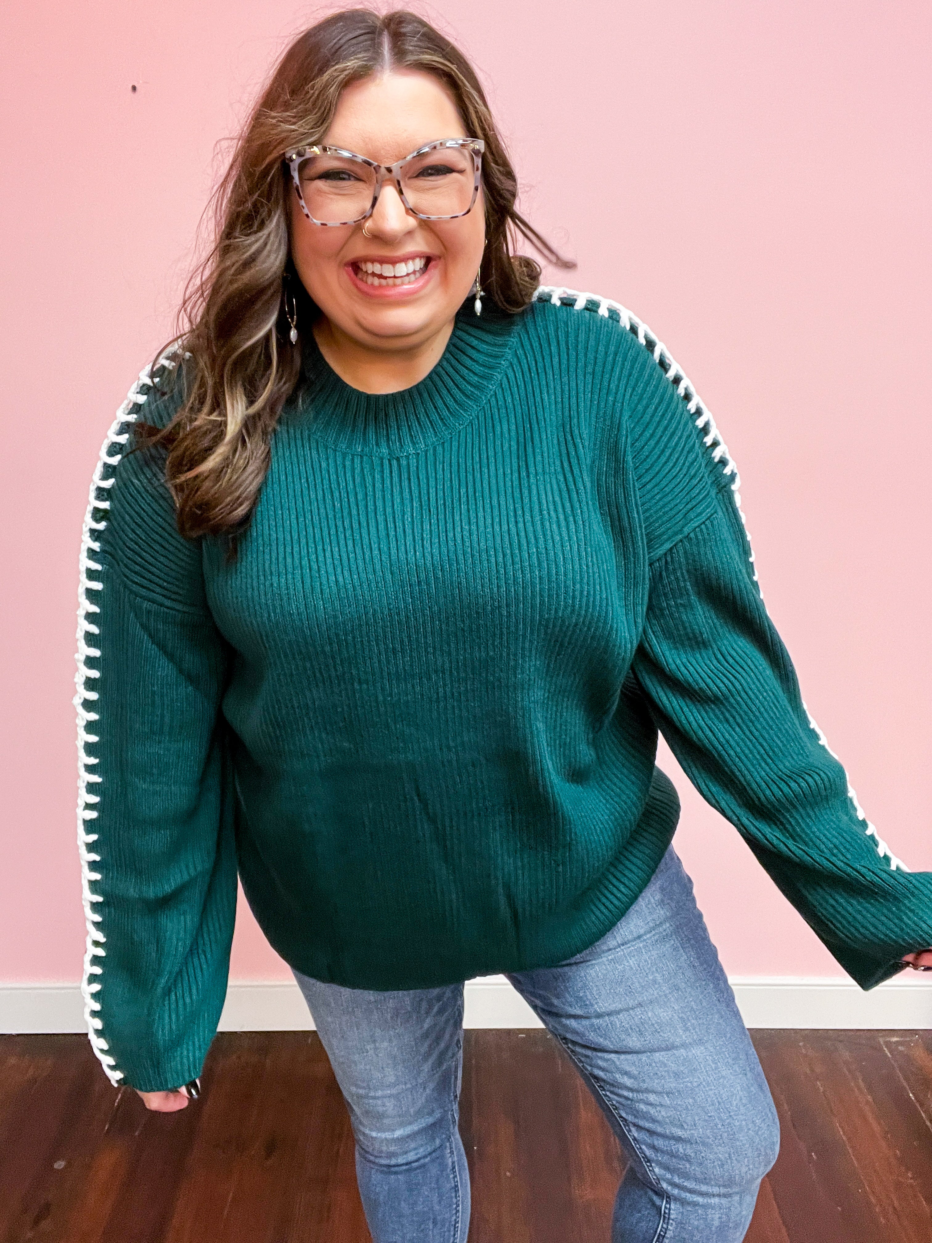 Hunter Green Rib Knit Stitch Detail Oversized Sweater