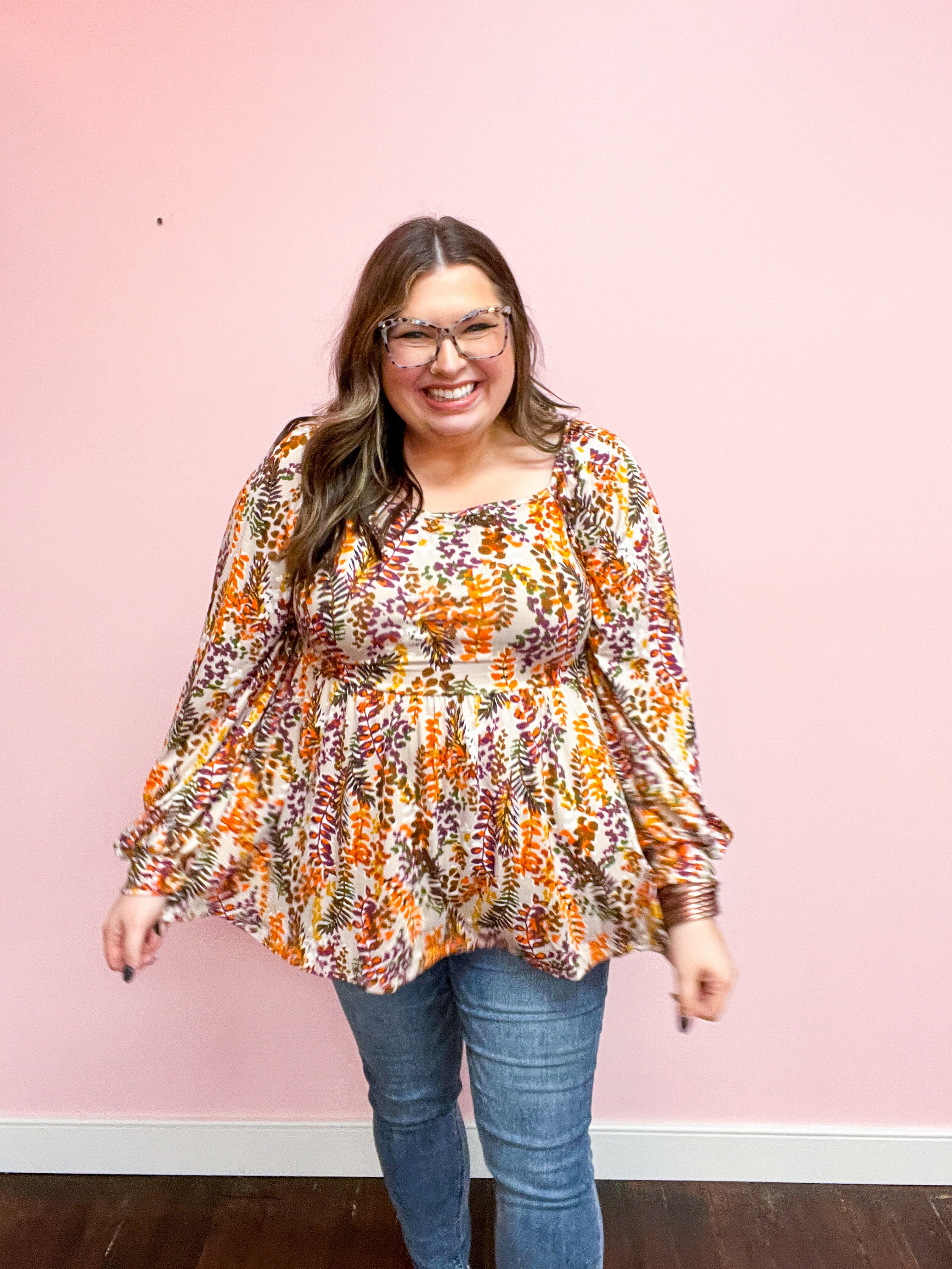 Fall in Love Taupe & Rust Floral Print Babydoll Bubble Sleeve Top