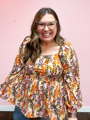 Fall in Love Taupe & Rust Floral Print Babydoll Bubble Sleeve Top