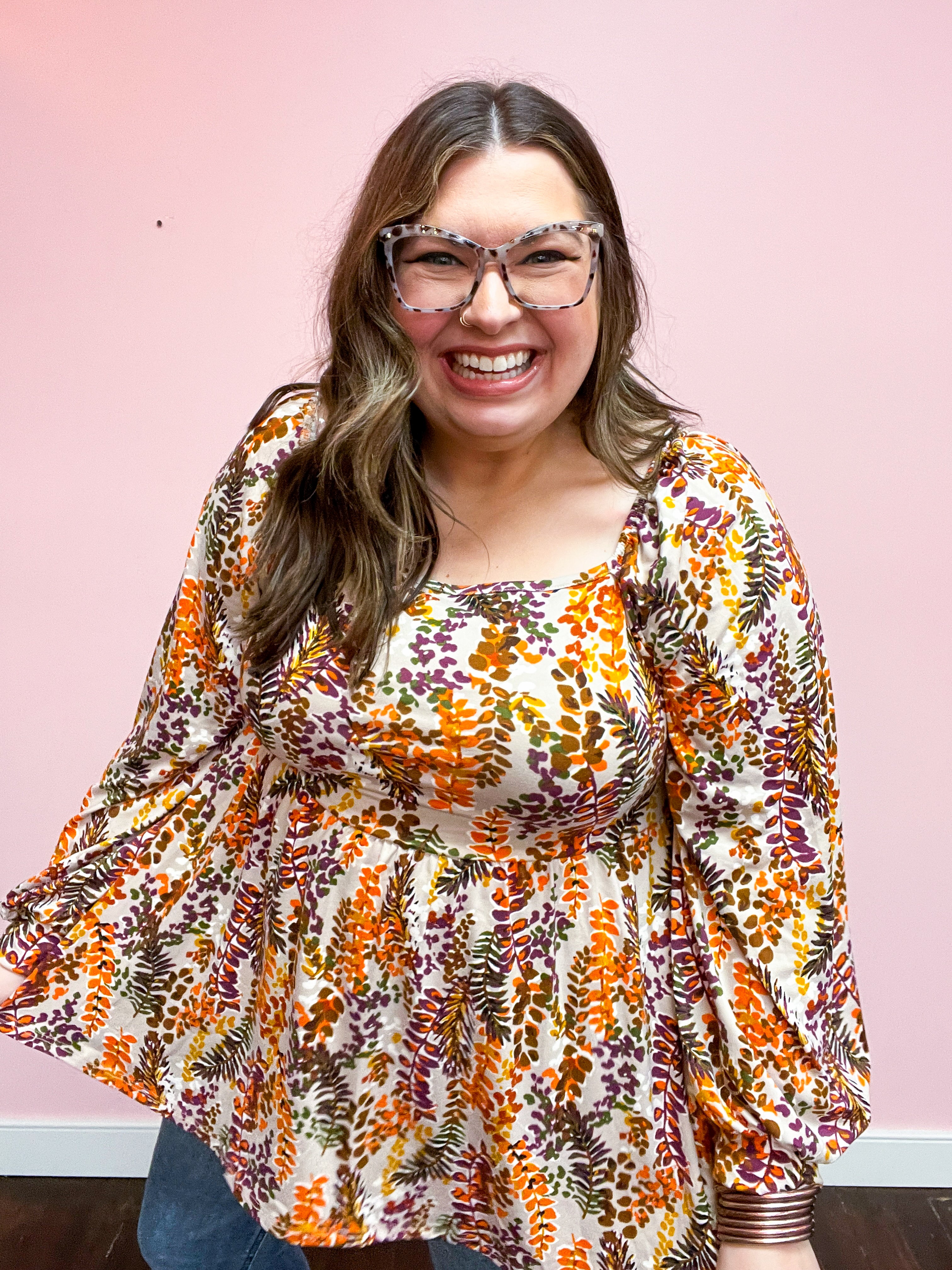 Fall in Love Taupe & Rust Floral Print Babydoll Bubble Sleeve Top