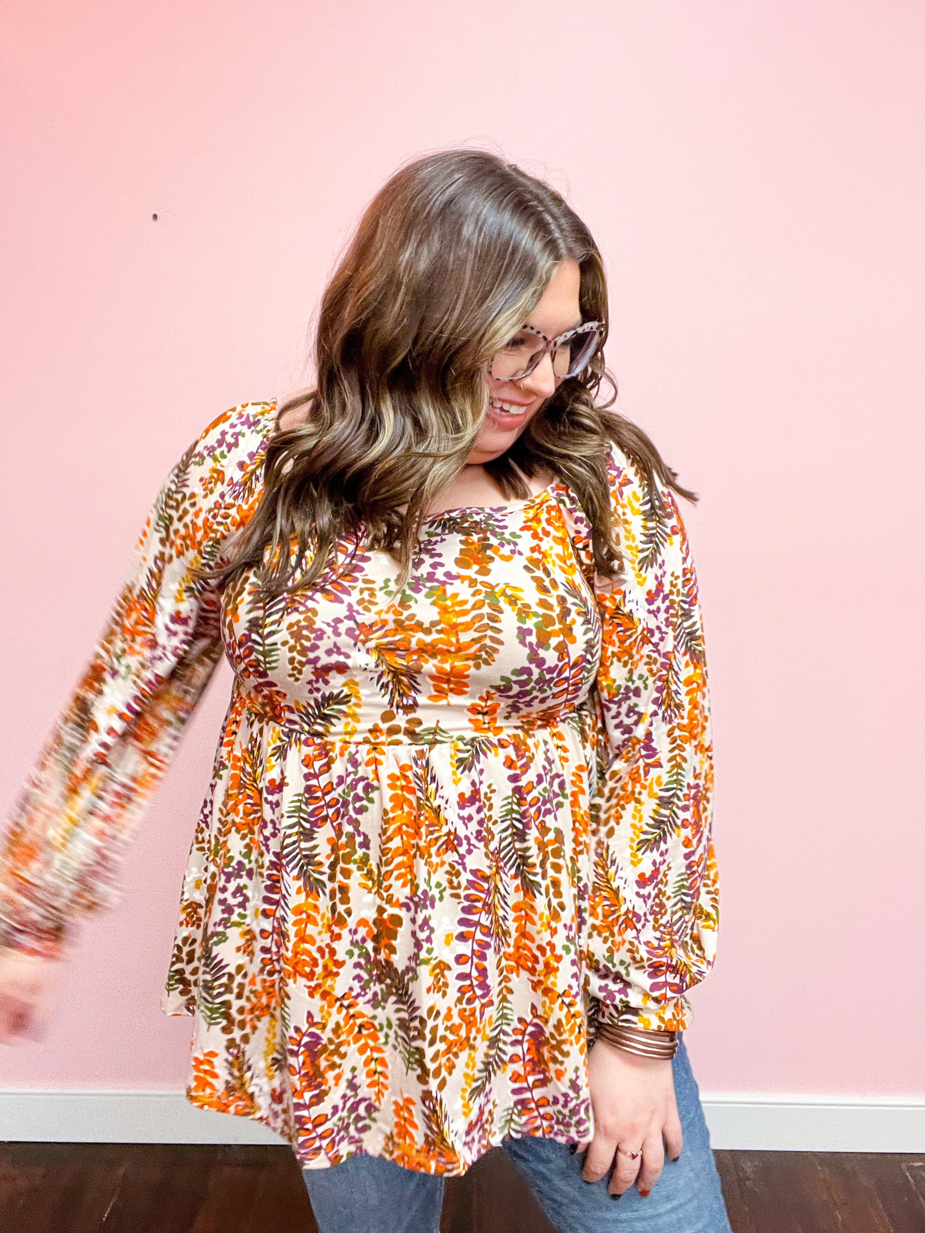 Fall in Love Taupe & Rust Floral Print Babydoll Bubble Sleeve Top