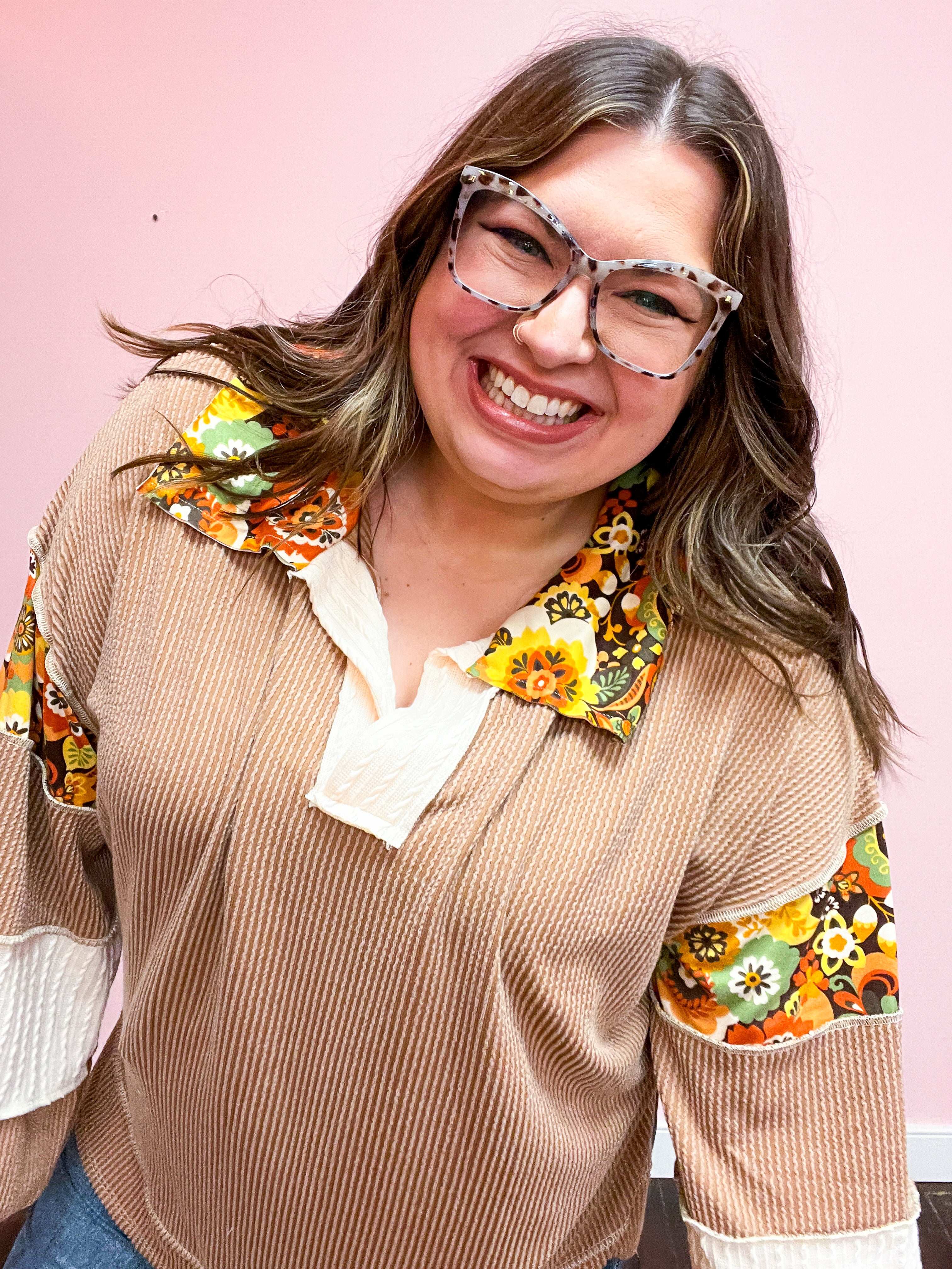 So 70's Caramel Floral Print Colorblock Notch Neck Top