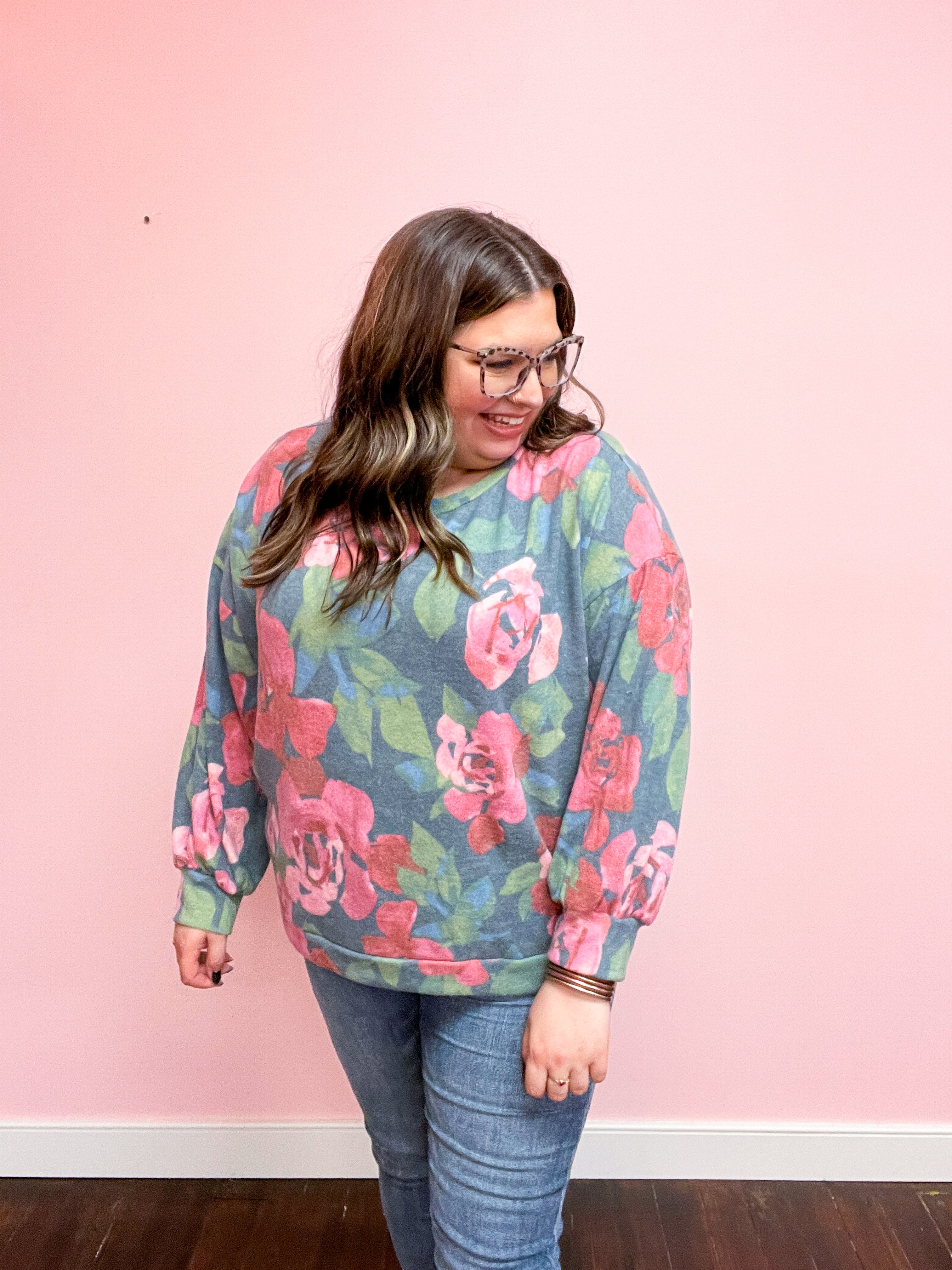 Everyday Beauty Hunter Green Floral Brushed Hacci Sweater Top