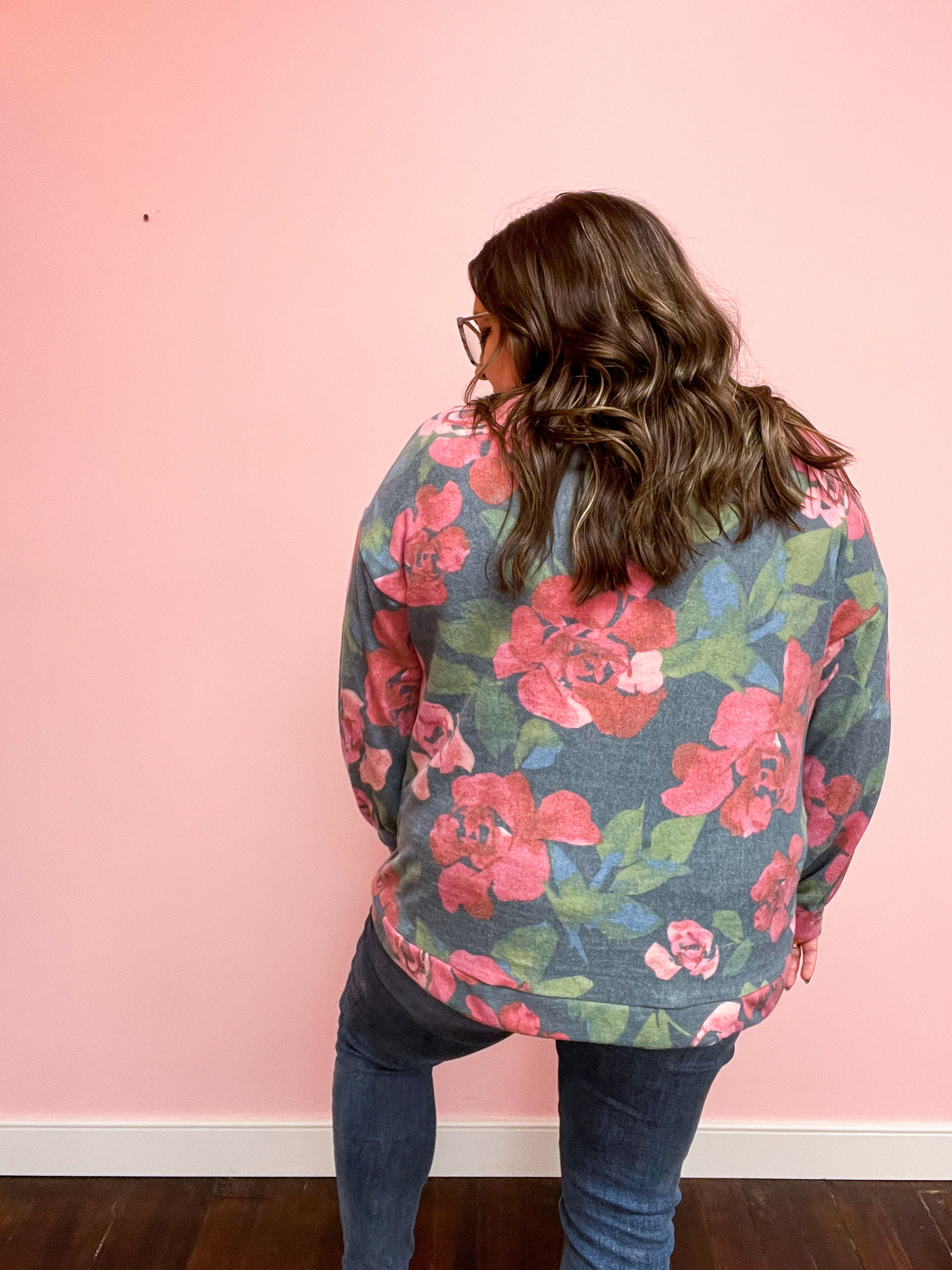 Everyday Beauty Hunter Green Floral Brushed Hacci Sweater Top