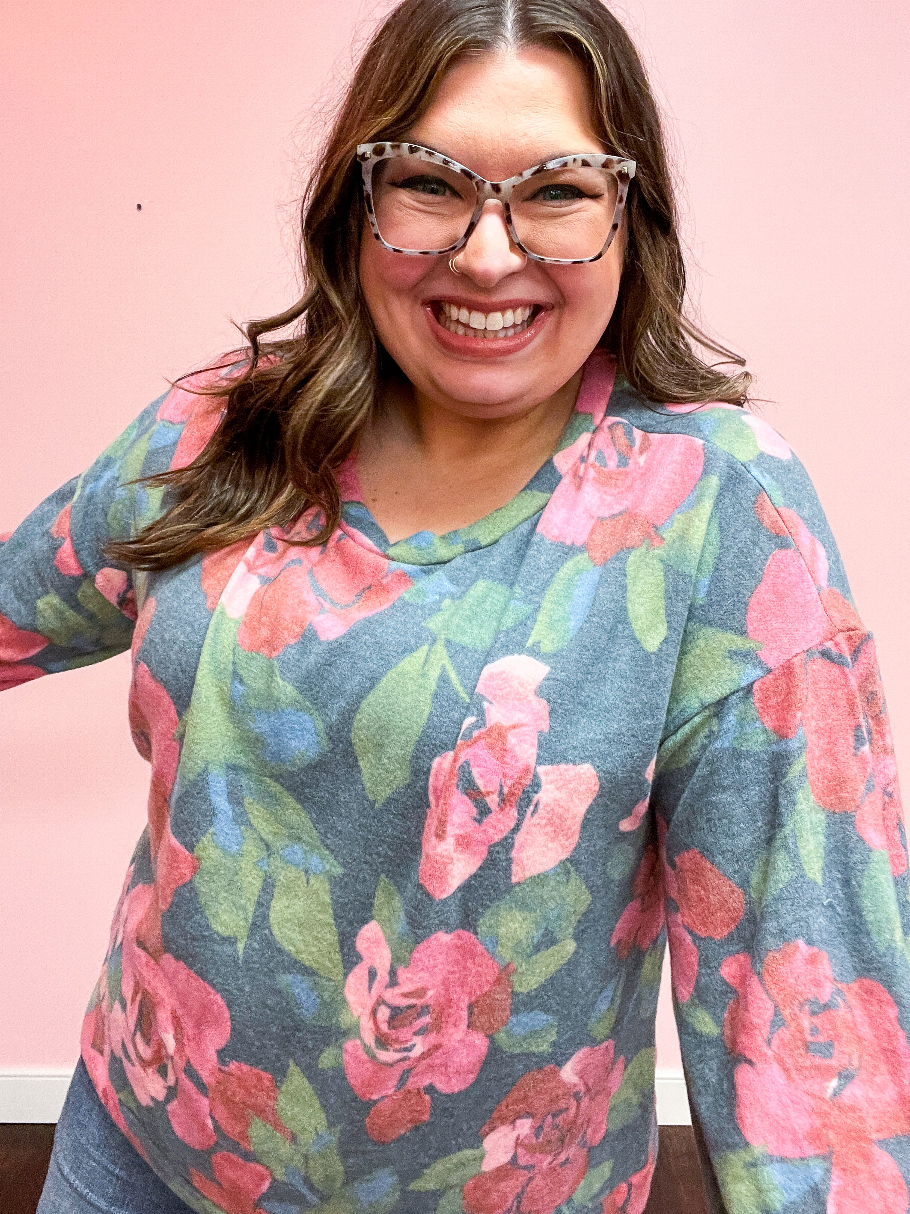 Everyday Beauty Hunter Green Floral Brushed Hacci Sweater Top