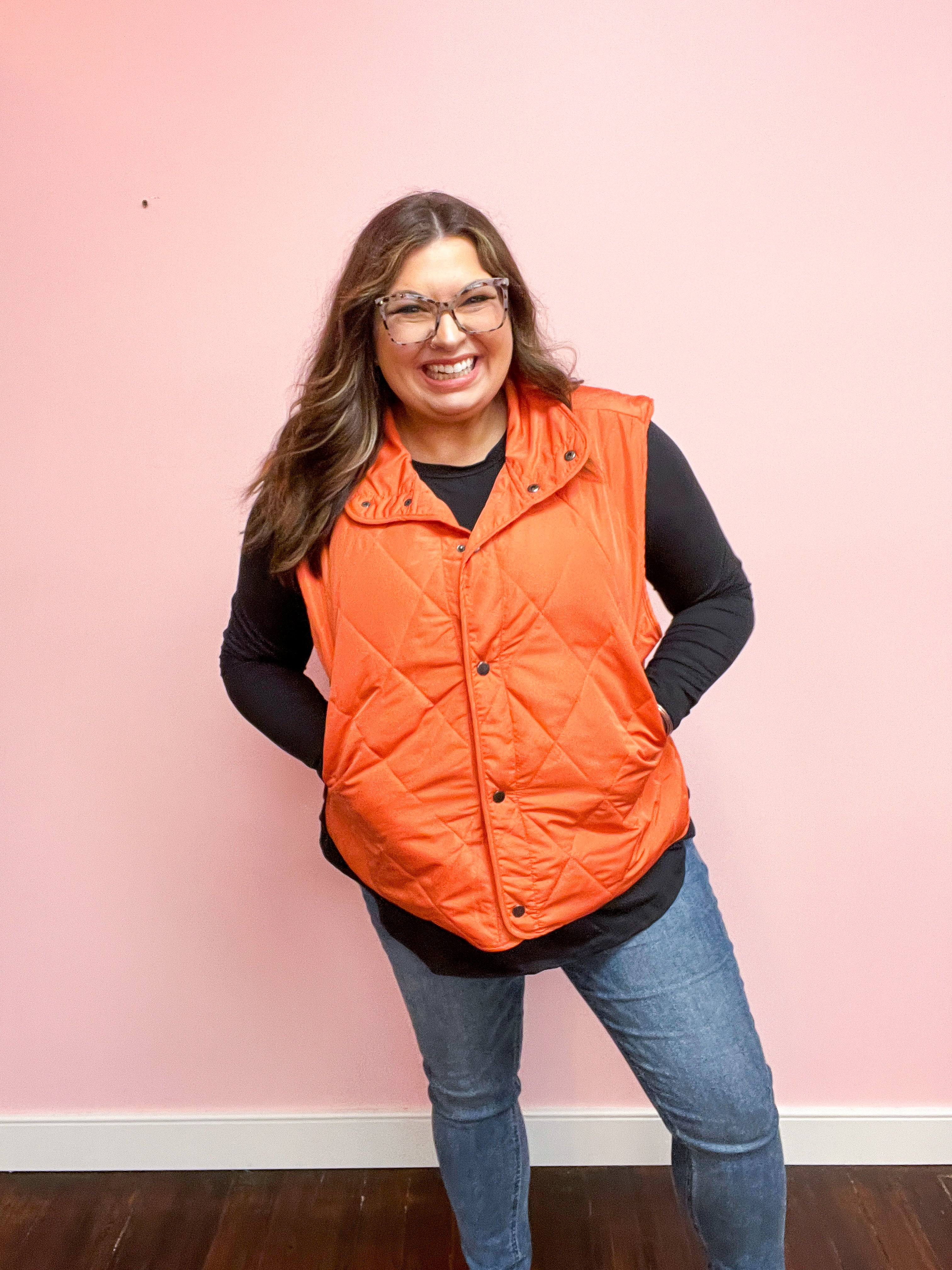 Loving Layers  Rust High Neck Snap Button Quilted Puffer Vest