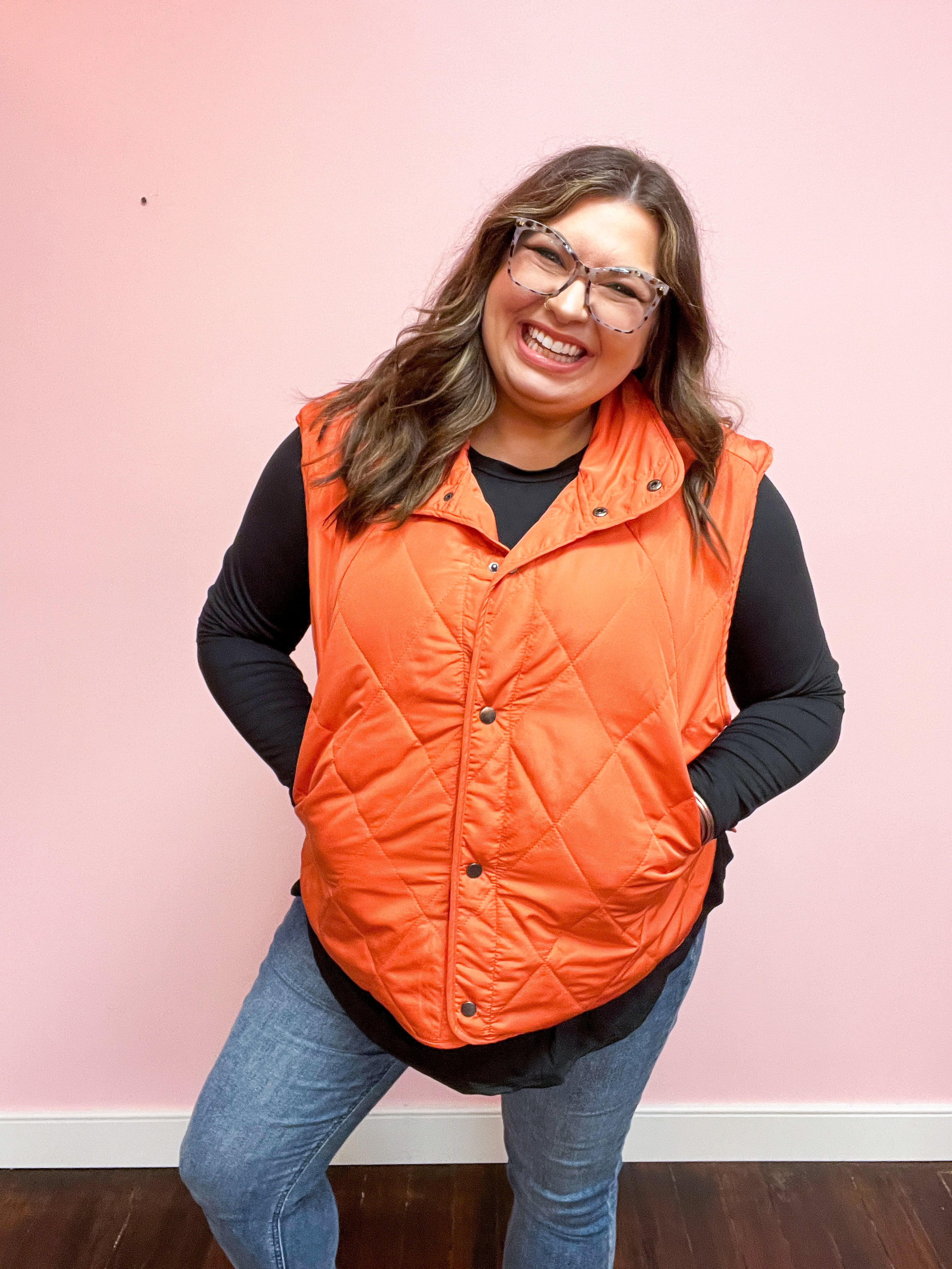 Loving Layers  Rust High Neck Snap Button Quilted Puffer Vest