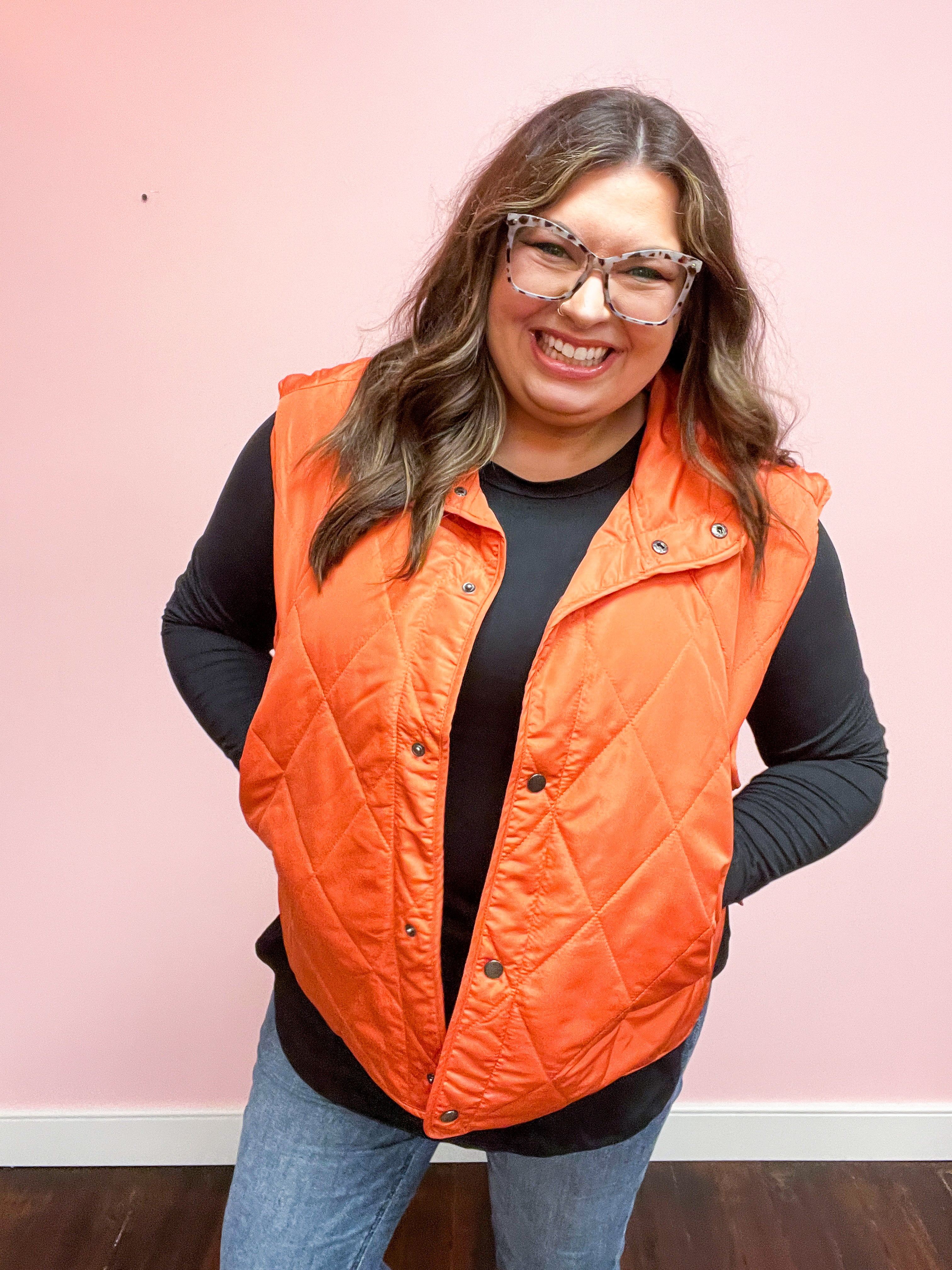 Loving Layers  Rust High Neck Snap Button Quilted Puffer Vest