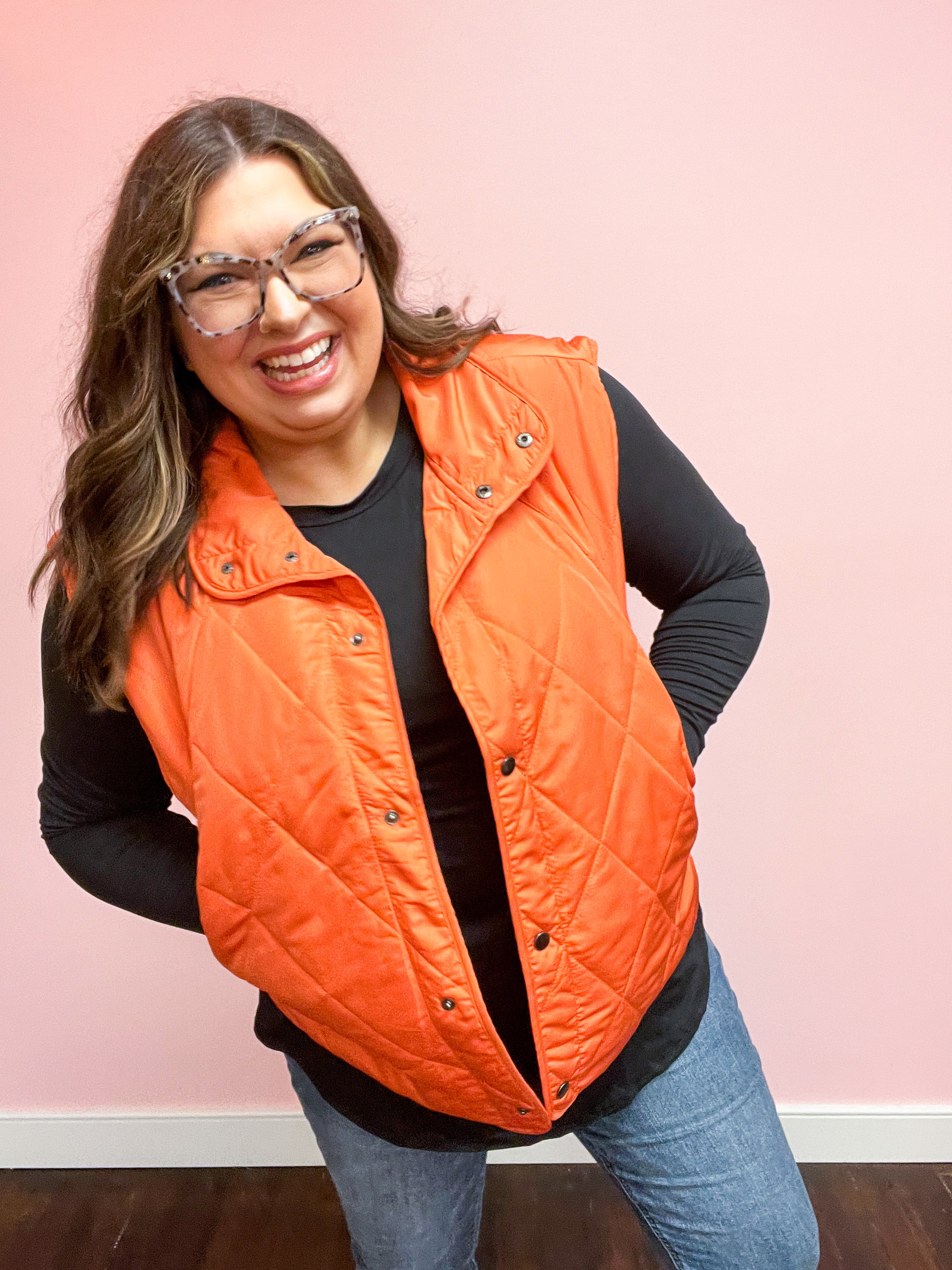 Loving Layers  Rust High Neck Snap Button Quilted Puffer Vest