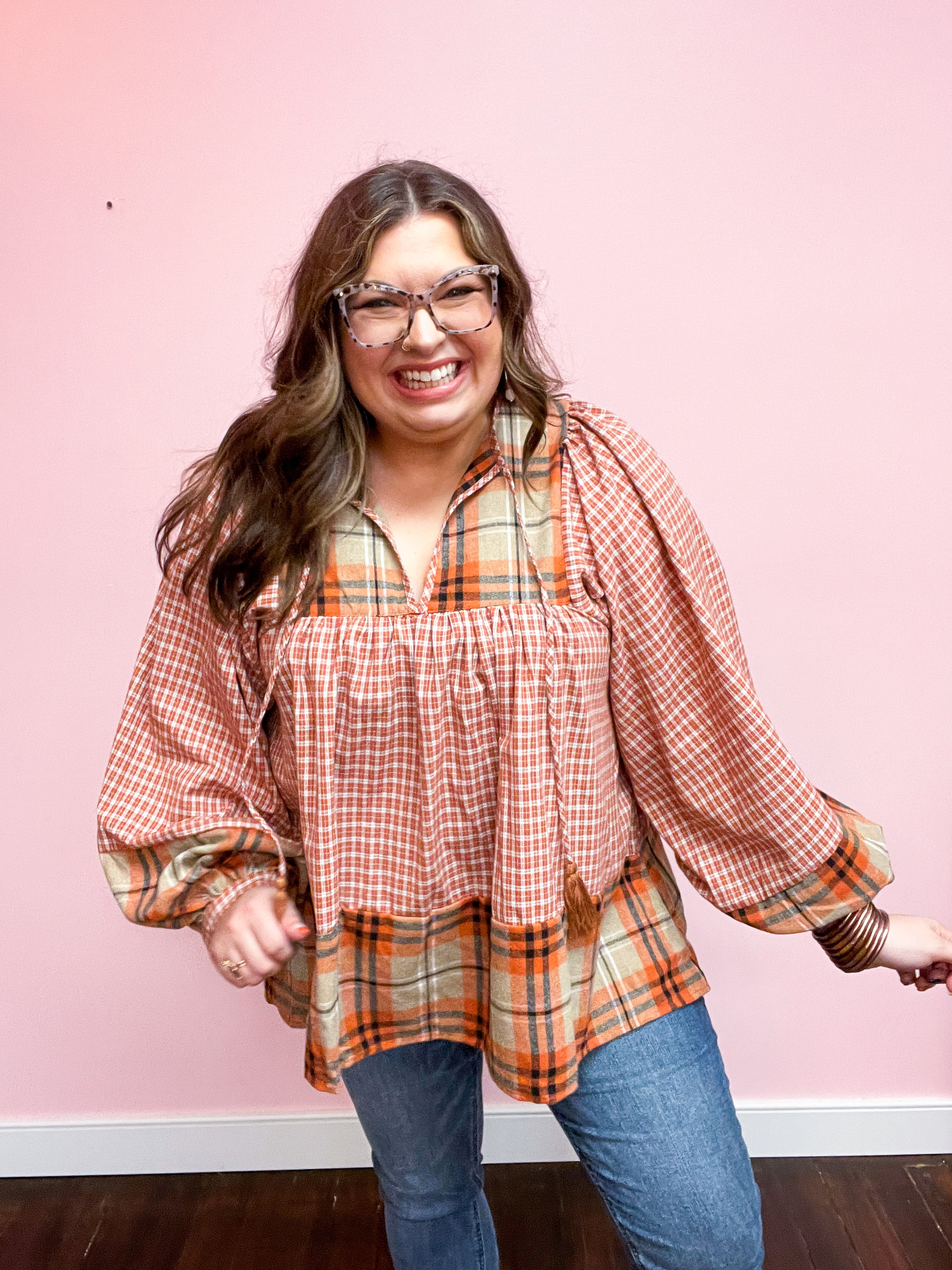 Under Your Spell Rust Plaid Color Block Notch Neck Top