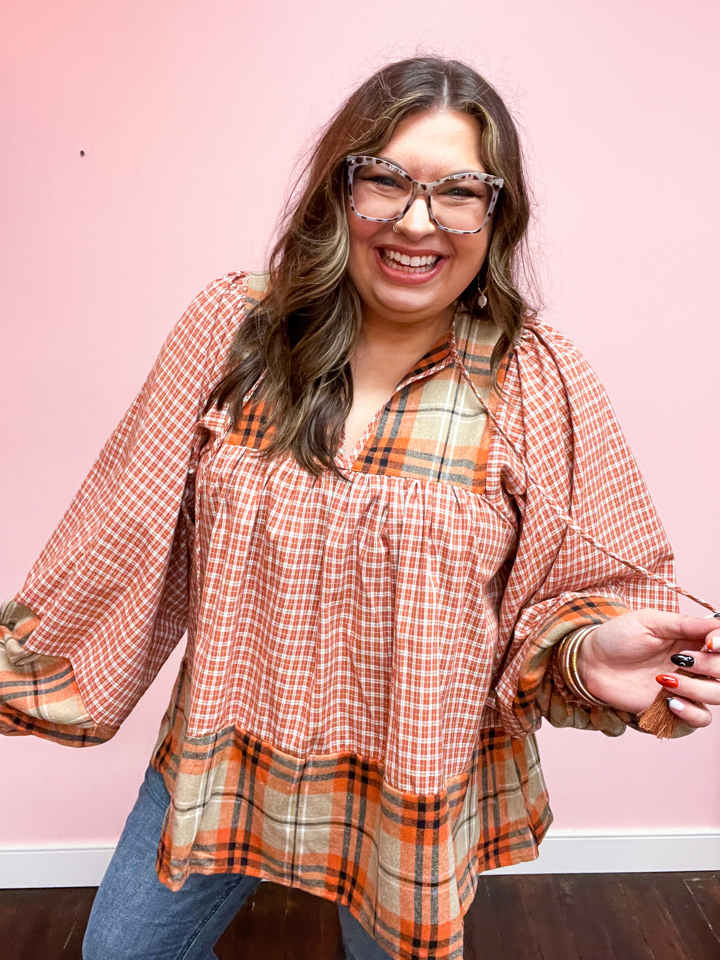 Under Your Spell Rust Plaid Color Block Notch Neck Top