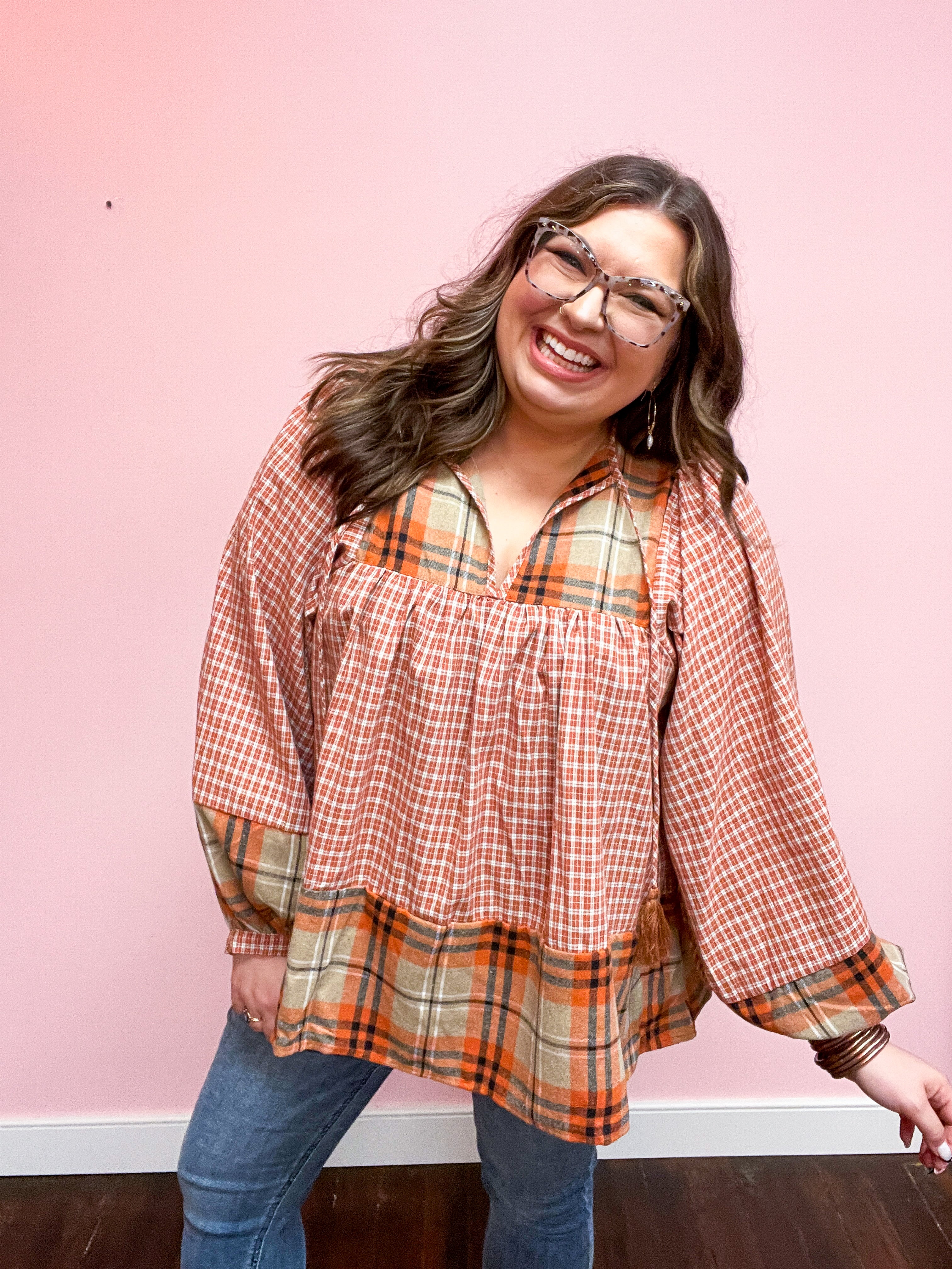 Under Your Spell Rust Plaid Color Block Notch Neck Top