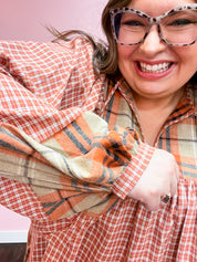 Under Your Spell Rust Plaid Color Block Notch Neck Top