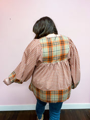 Under Your Spell Rust Plaid Color Block Notch Neck Top
