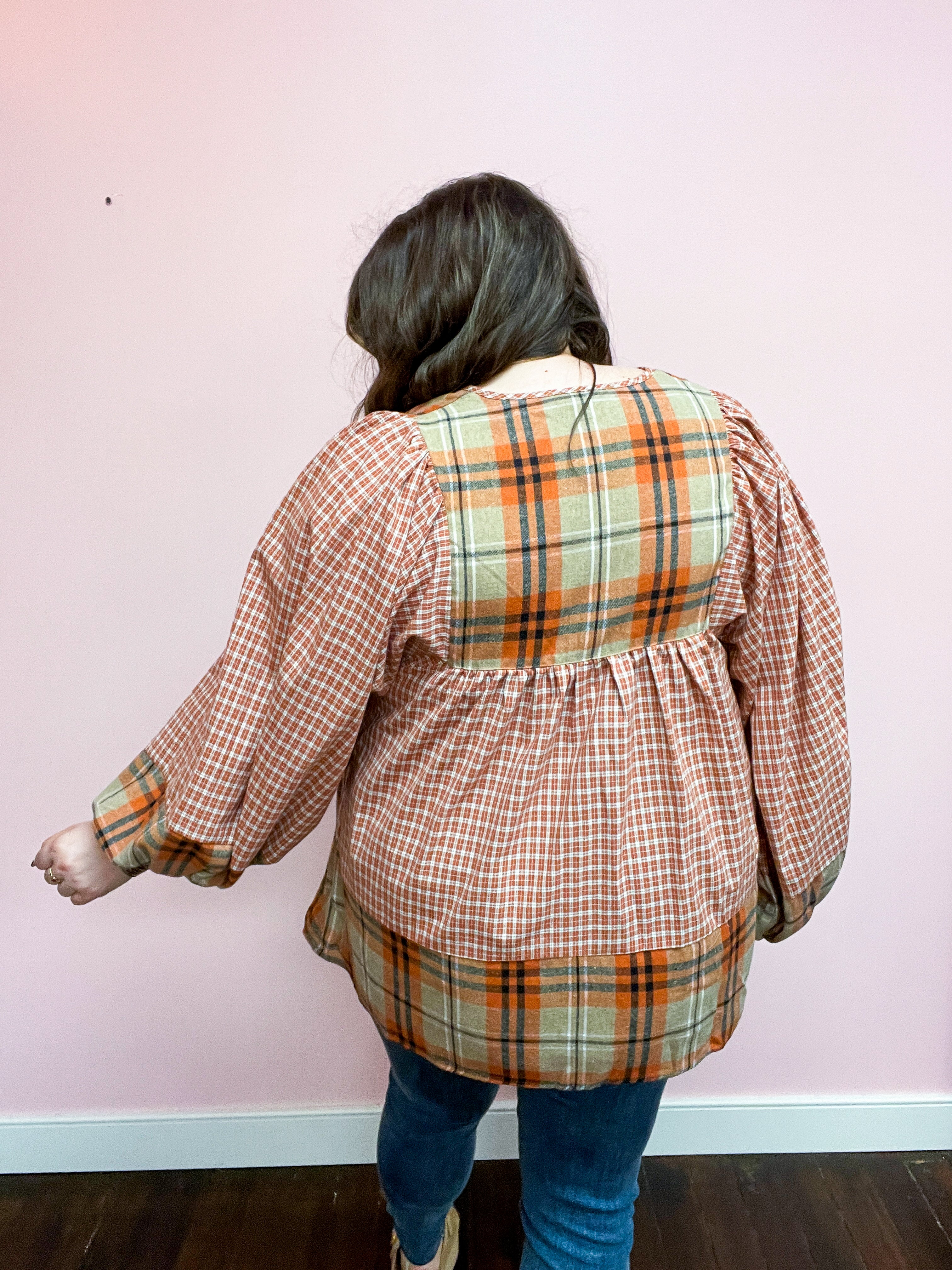 Under Your Spell Rust Plaid Color Block Notch Neck Top