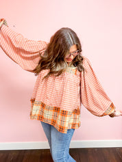 Under Your Spell Rust Plaid Color Block Notch Neck Top
