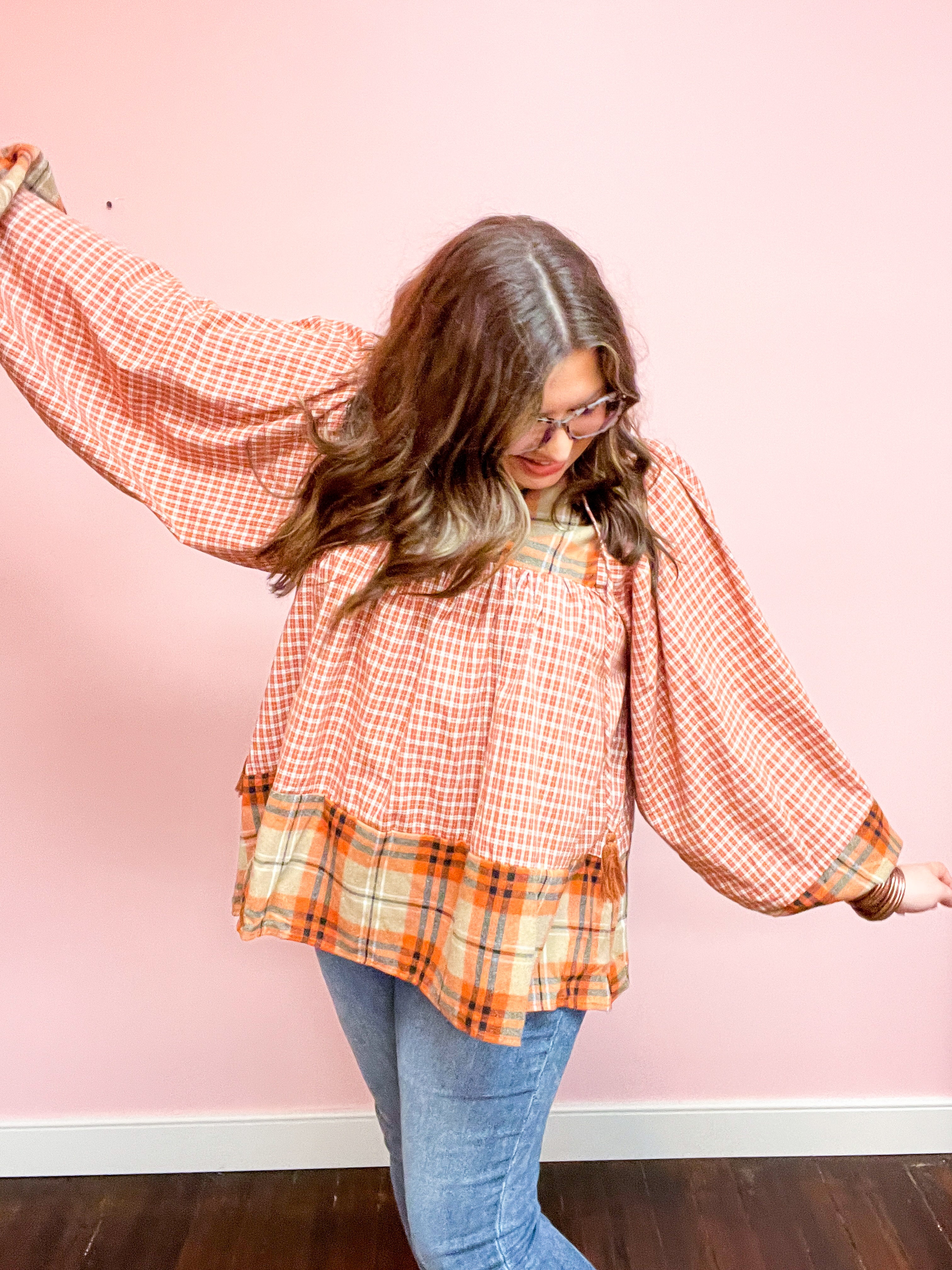 Under Your Spell Rust Plaid Color Block Notch Neck Top