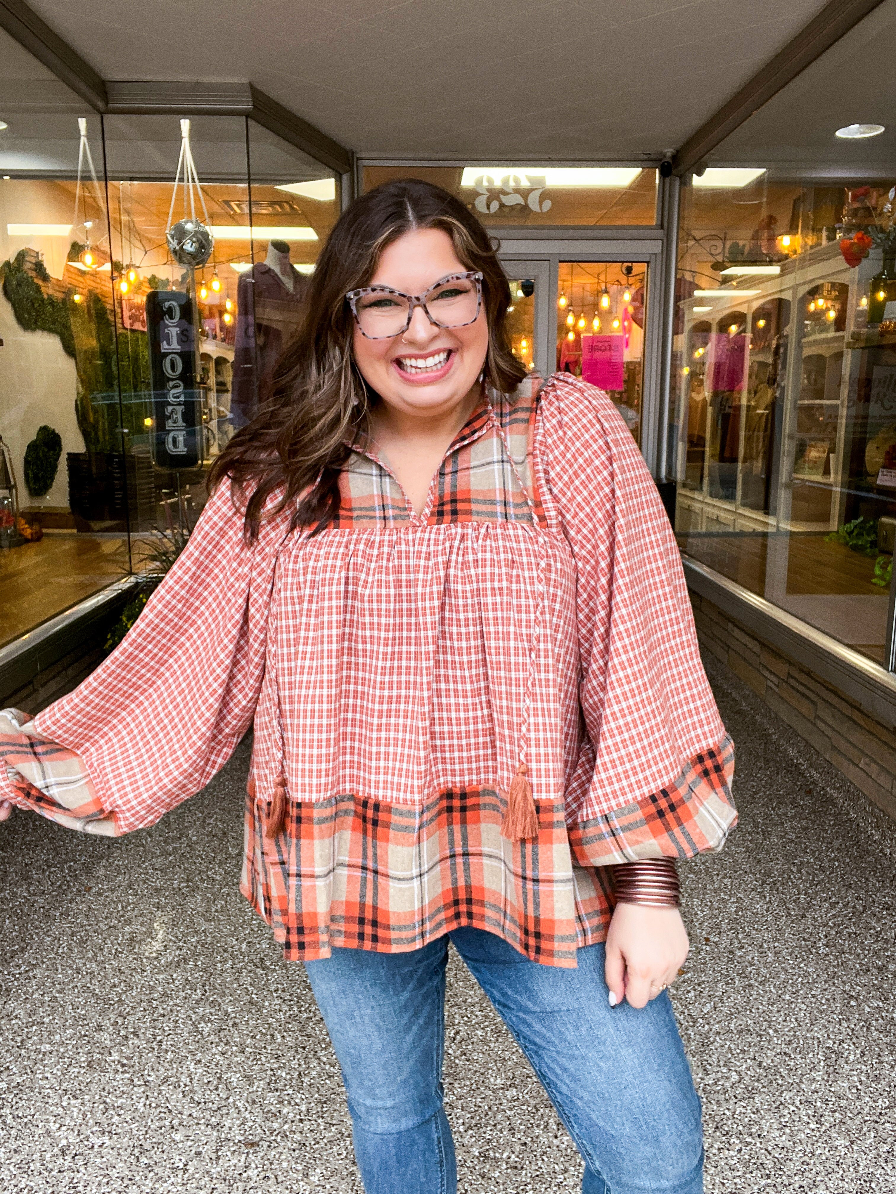Under Your Spell Rust Plaid Color Block Notch Neck Top