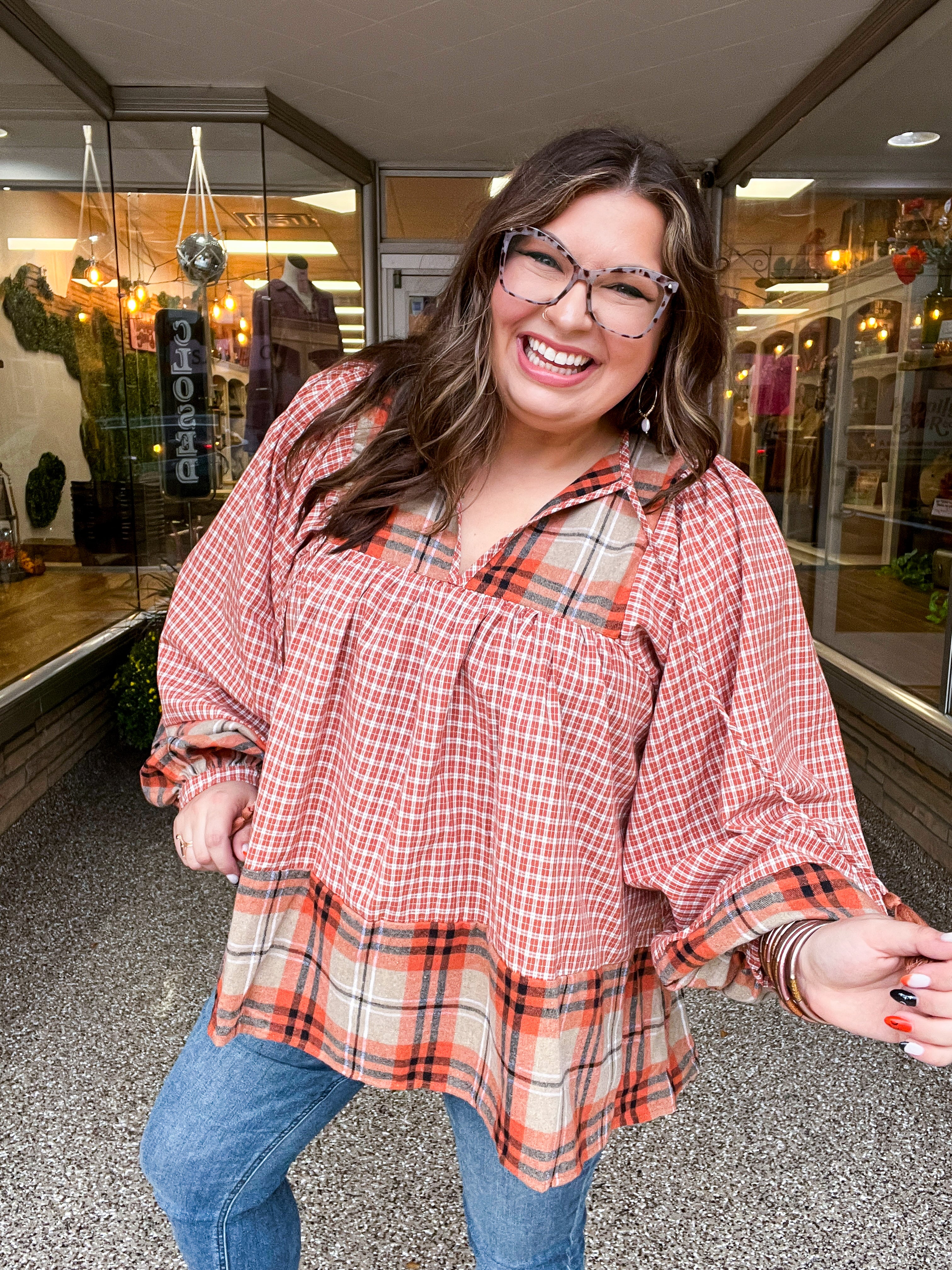 Under Your Spell Rust Plaid Color Block Notch Neck Top