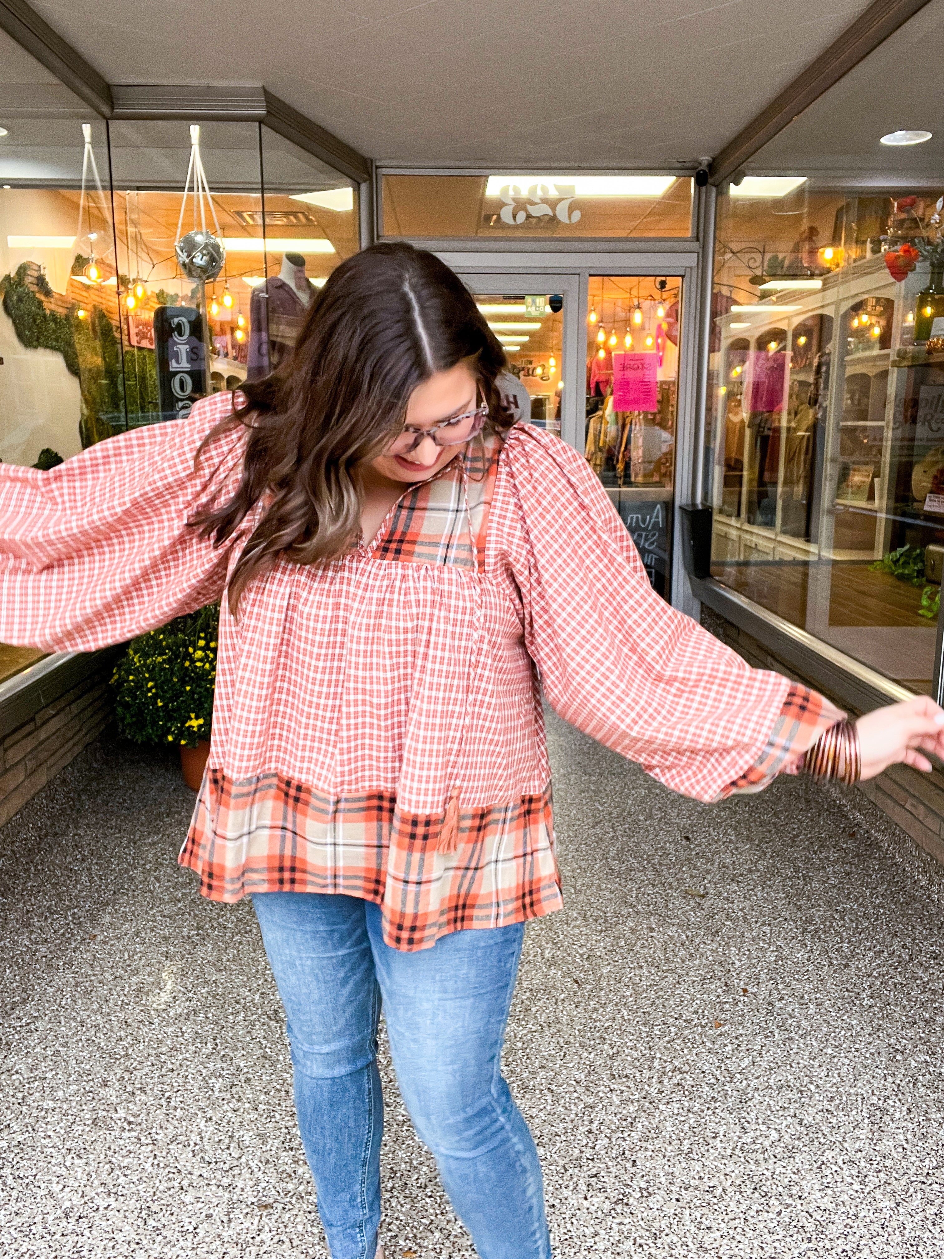 Under Your Spell Rust Plaid Color Block Notch Neck Top