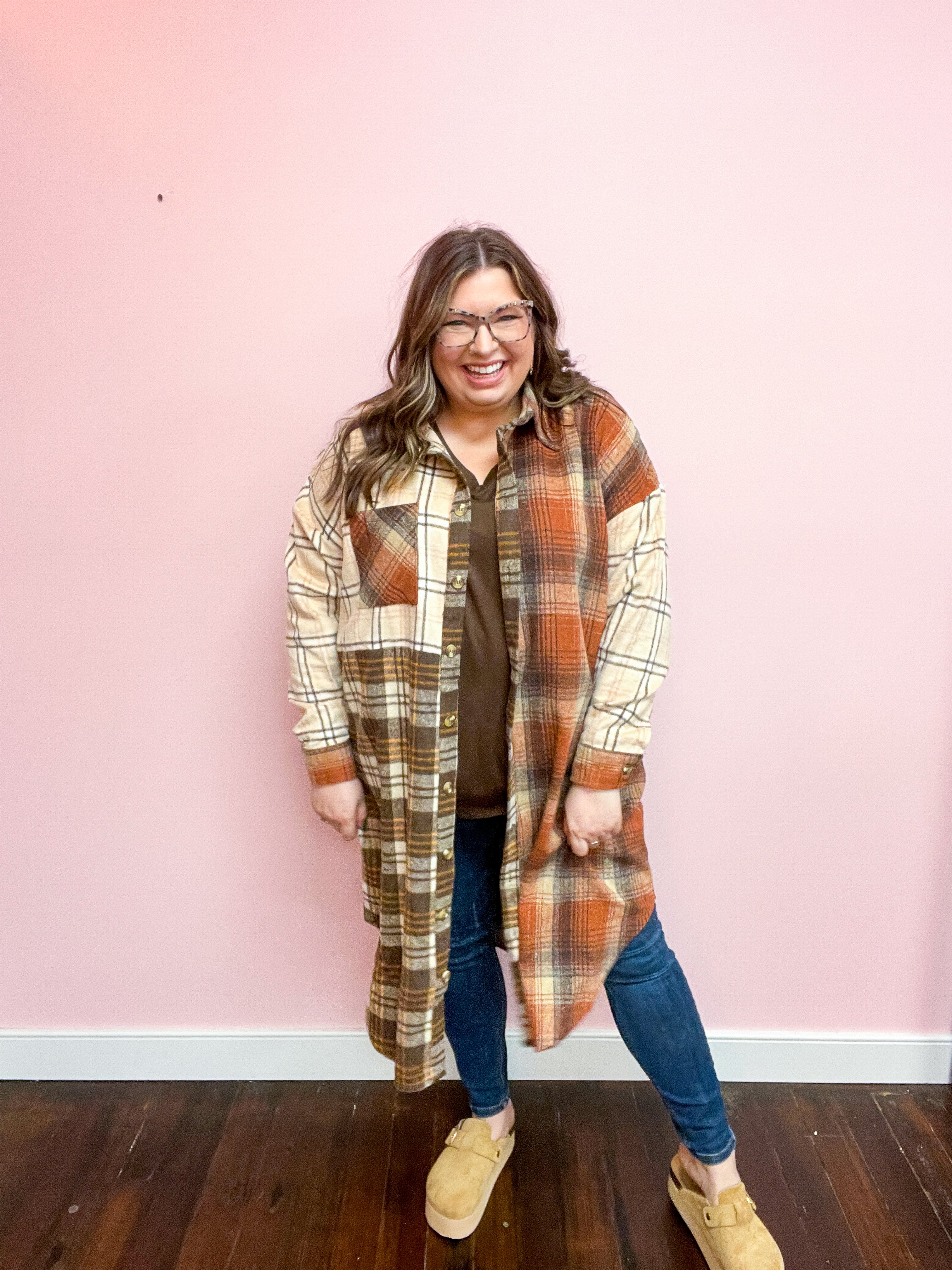 Maple Leaf Rust & Taupe Color Block Plaid Longline Shacket