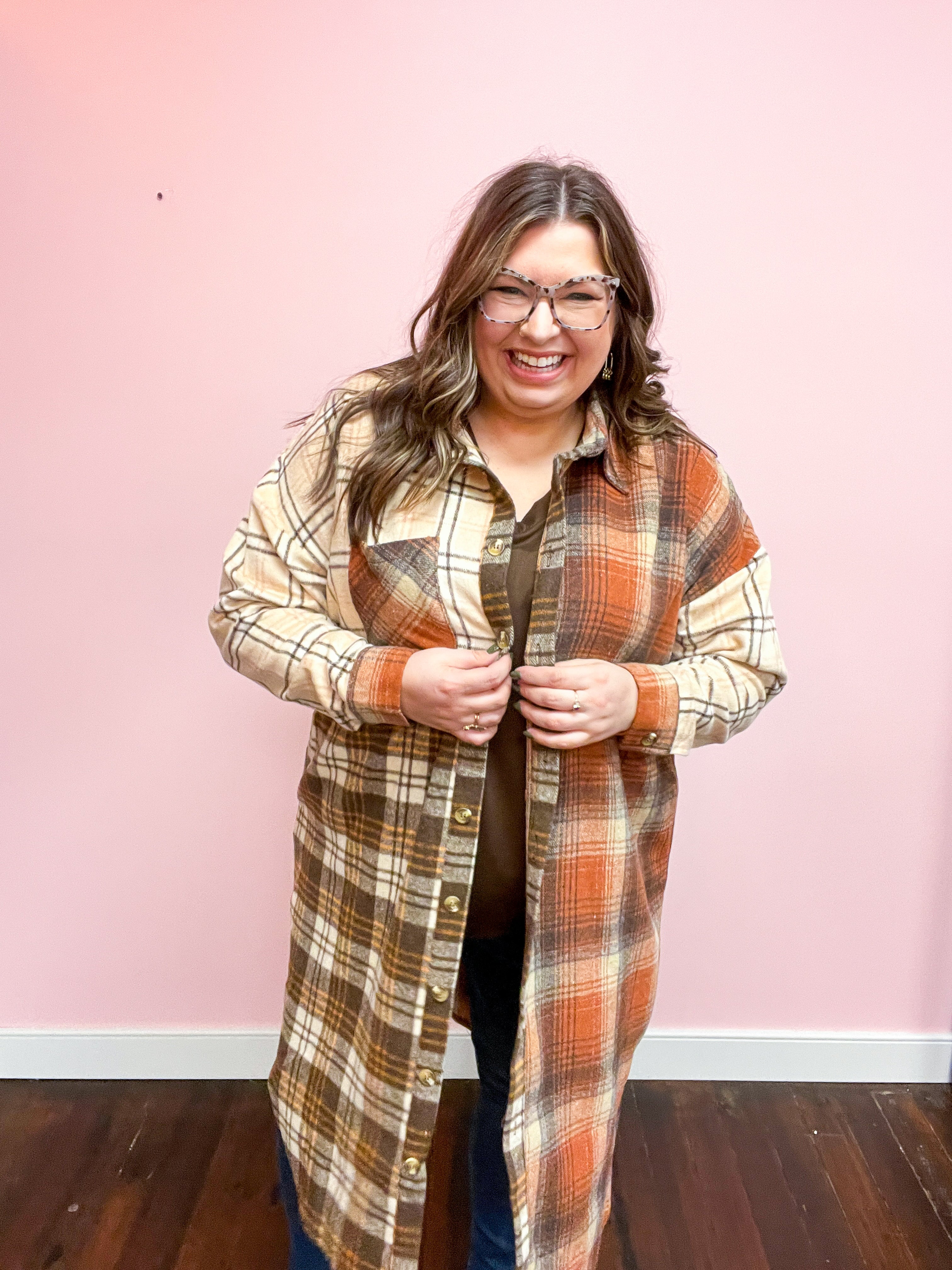 Maple Leaf Rust & Taupe Color Block Plaid Longline Shacket