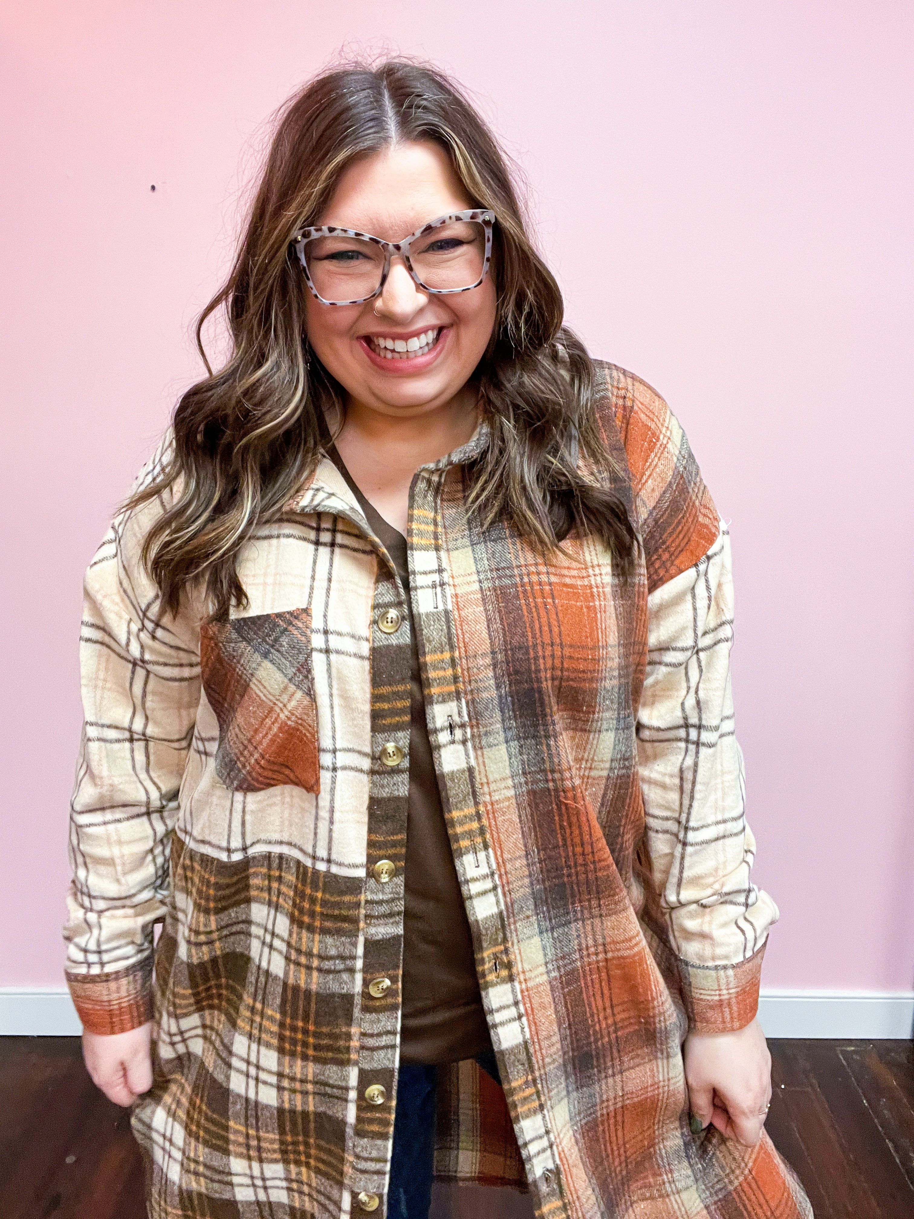 Maple Leaf Rust & Taupe Color Block Plaid Longline Shacket