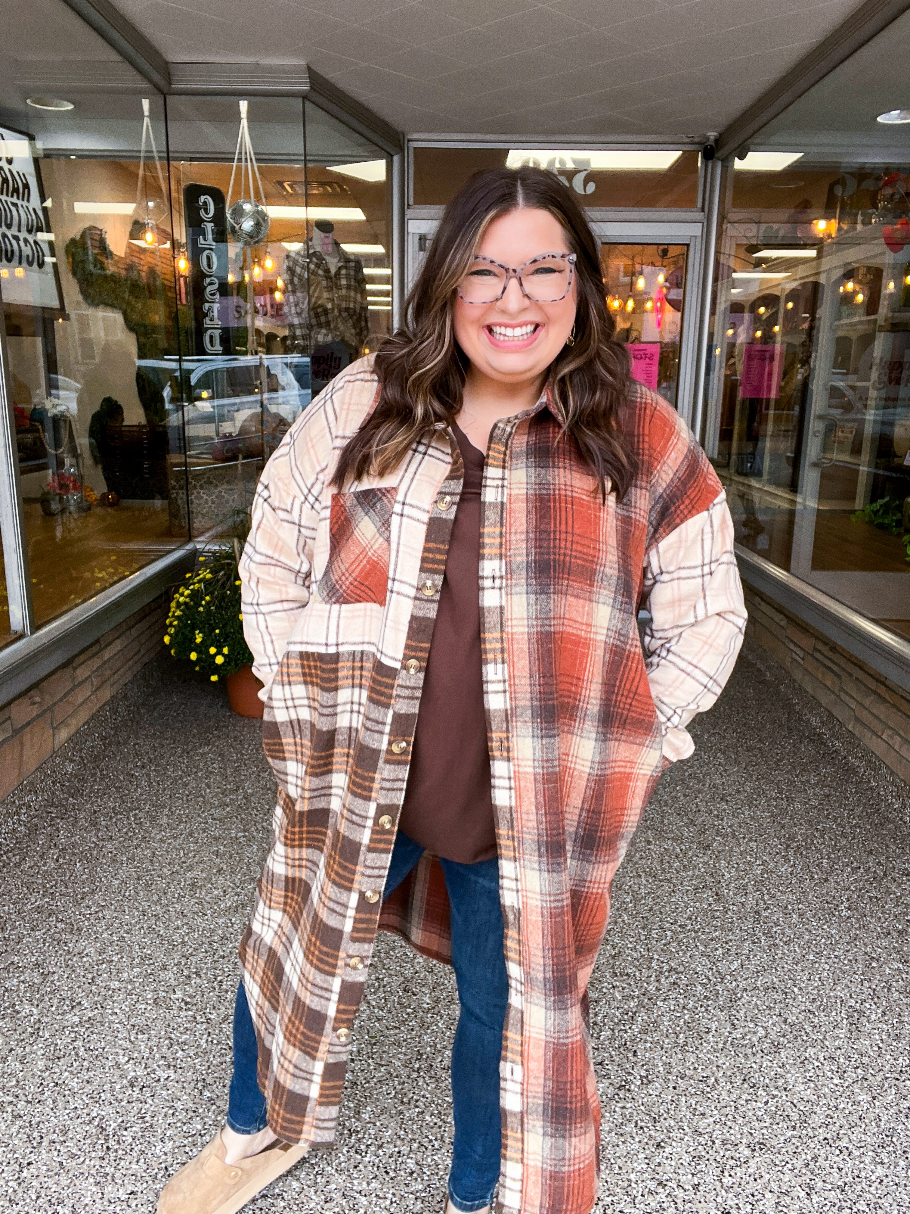 Maple Leaf Rust & Taupe Color Block Plaid Longline Shacket
