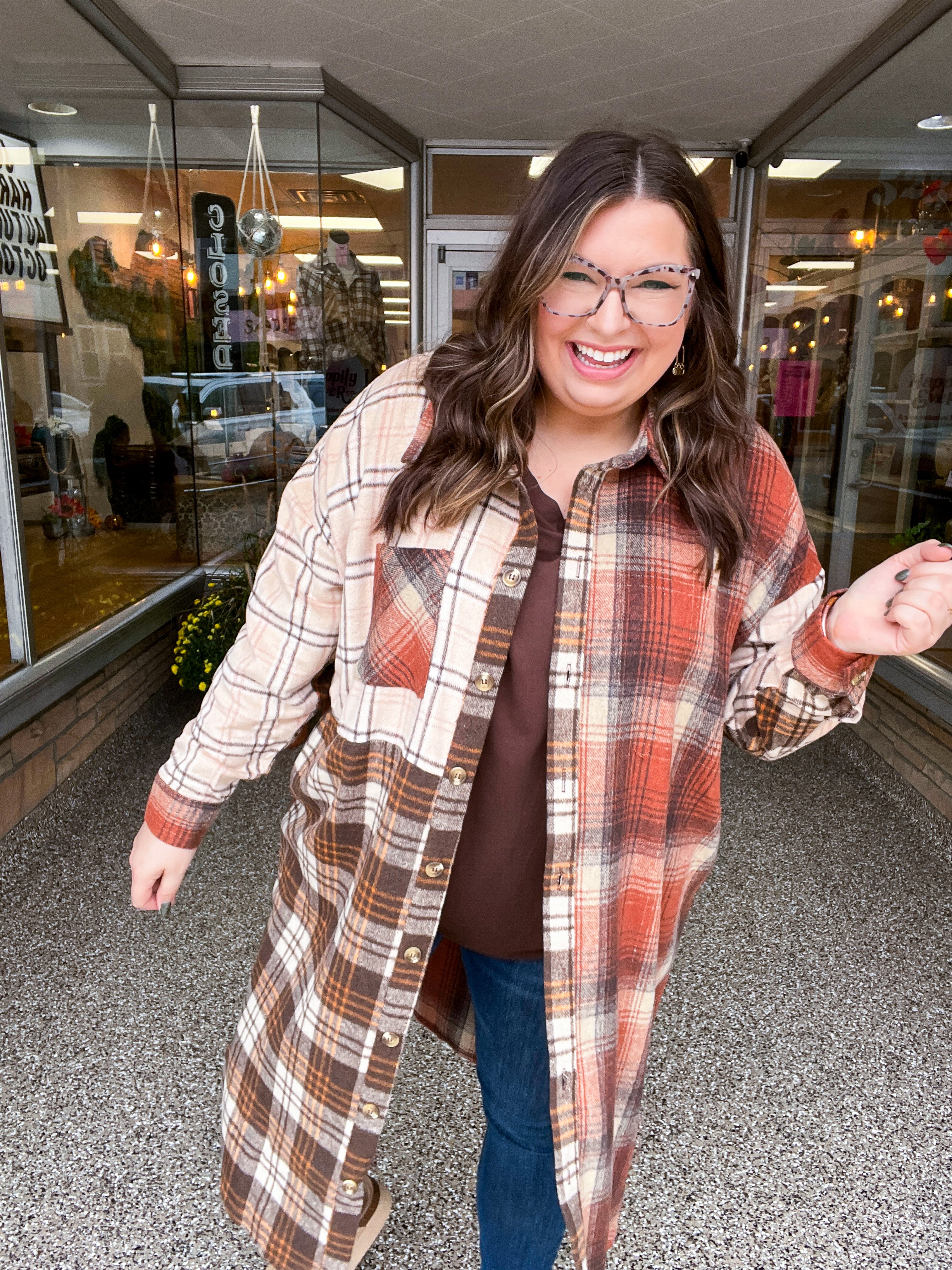 Maple Leaf Rust & Taupe Color Block Plaid Longline Shacket