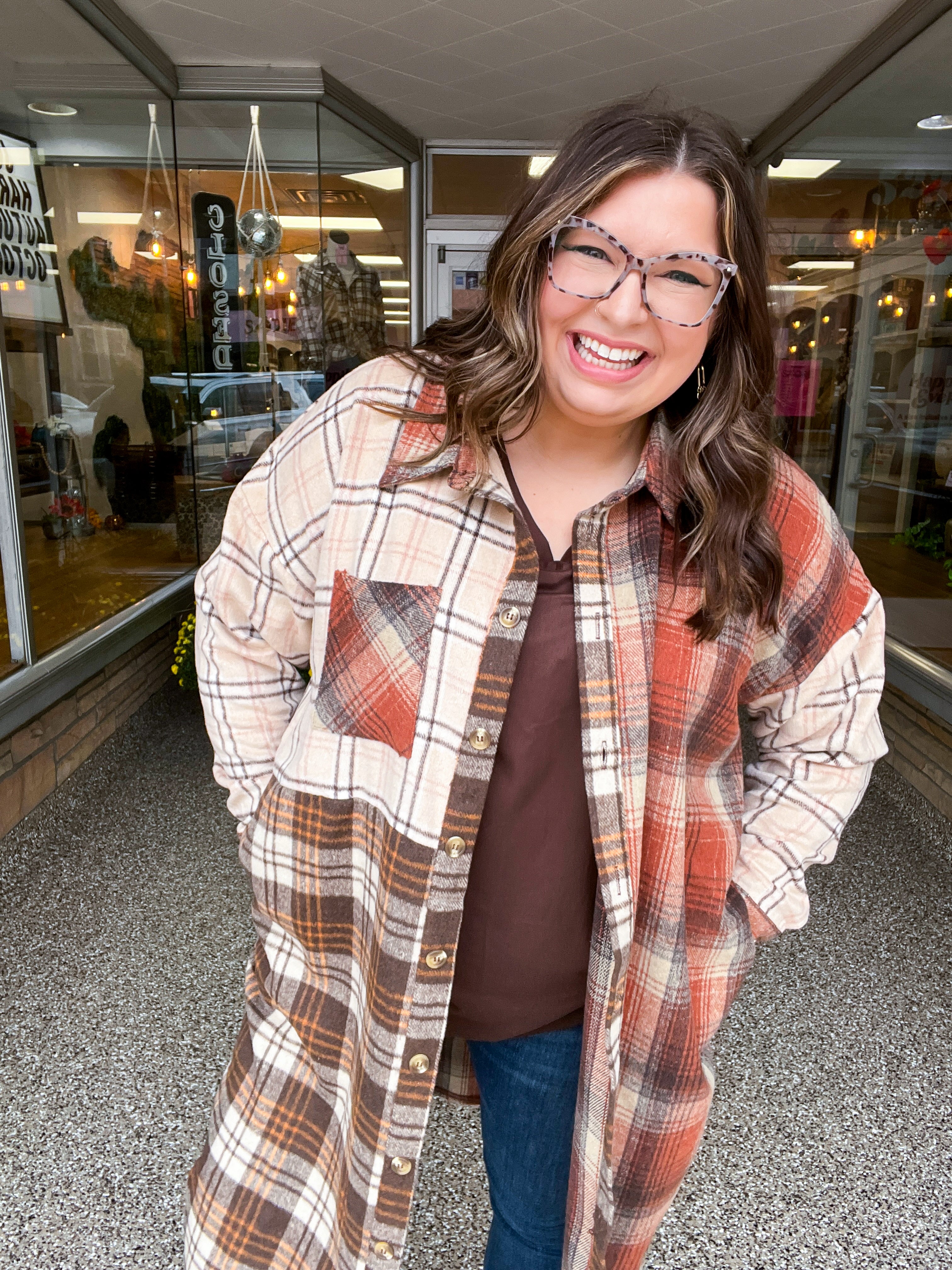 Maple Leaf Rust & Taupe Color Block Plaid Longline Shacket