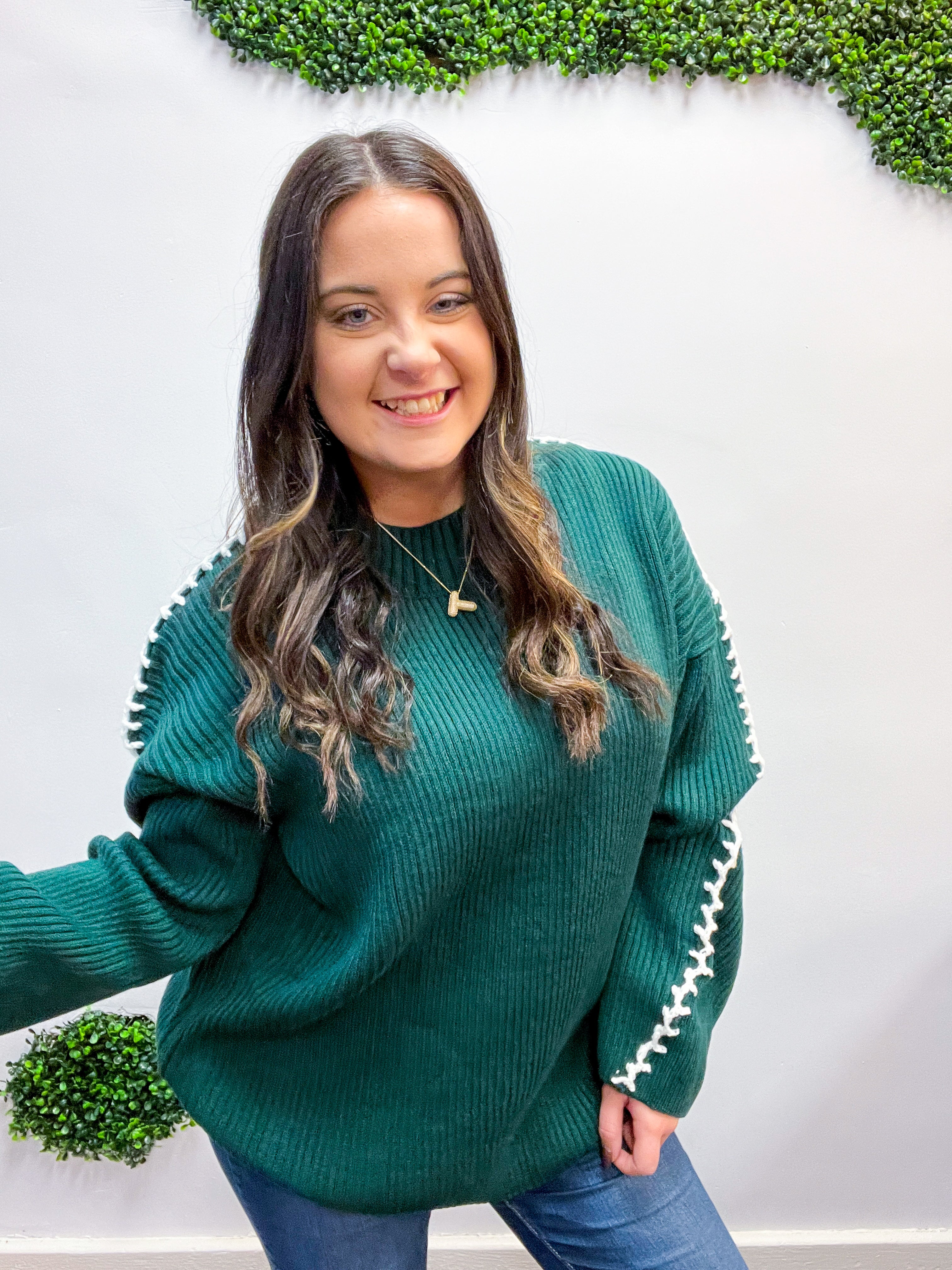 Hunter Green Rib Knit Stitch Detail Oversized Sweater