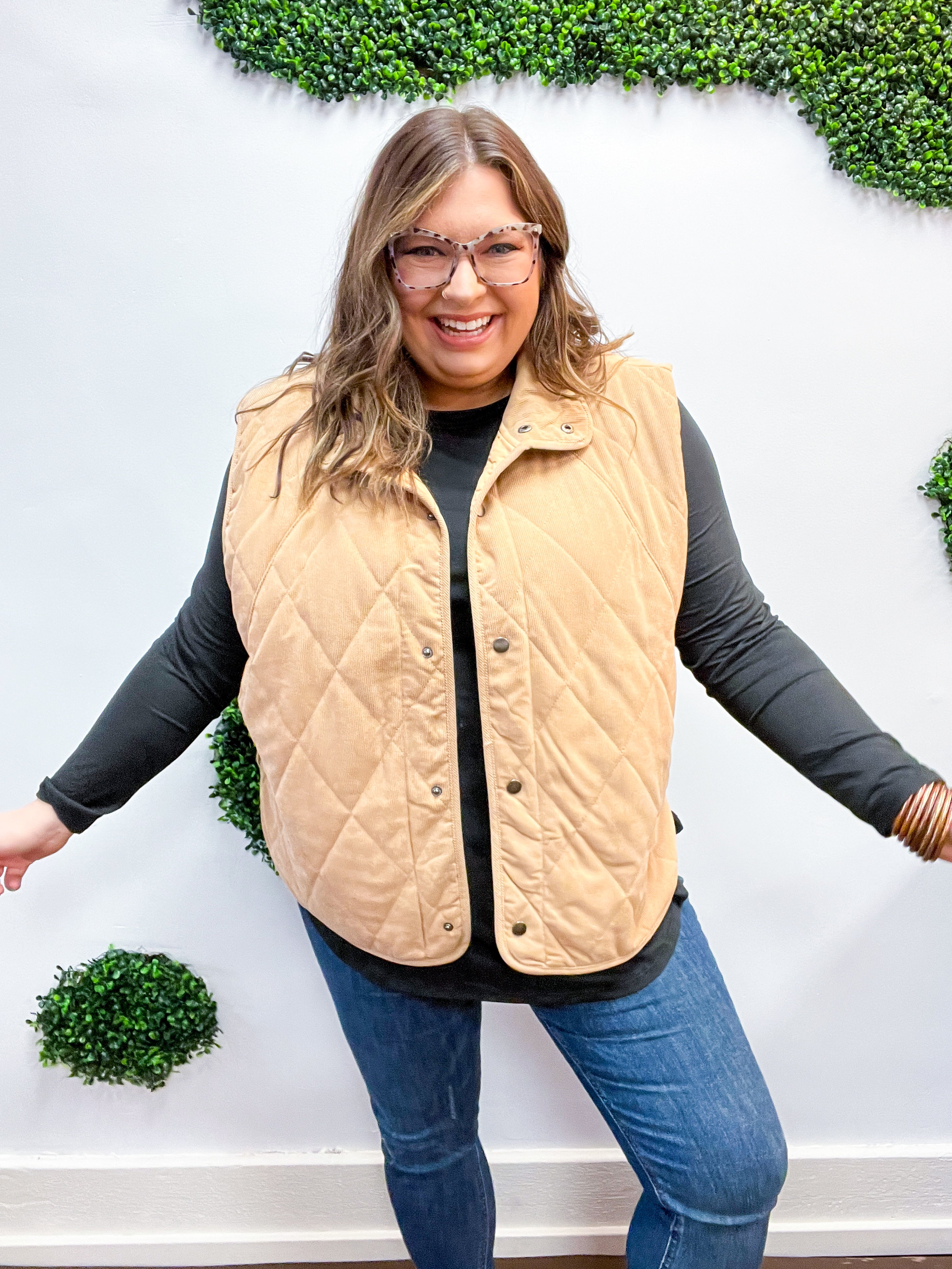 Loving Layers Taupe Corduroy Snap Button Quilted Vest