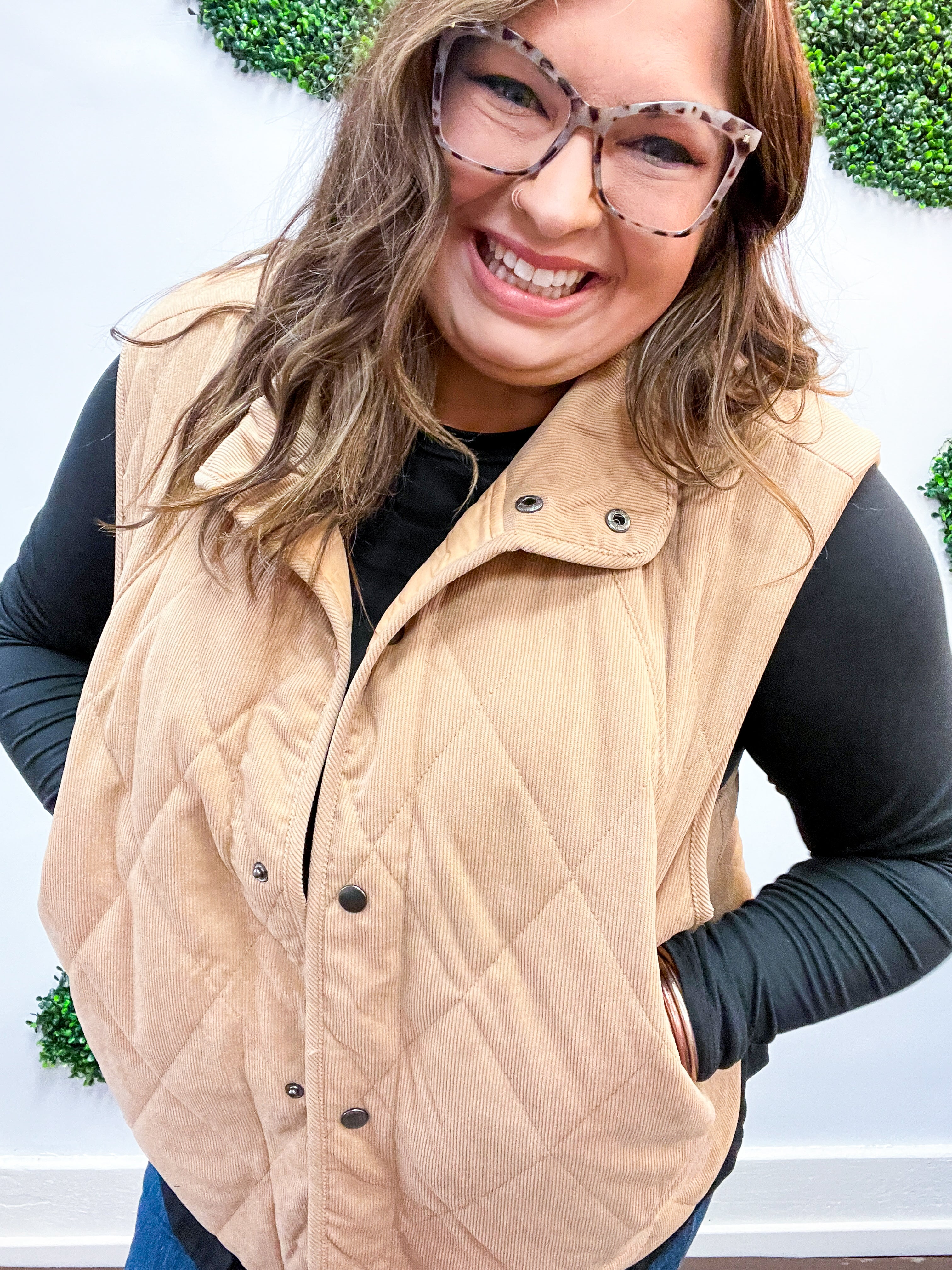 Loving Layers Taupe Corduroy Snap Button Quilted Vest