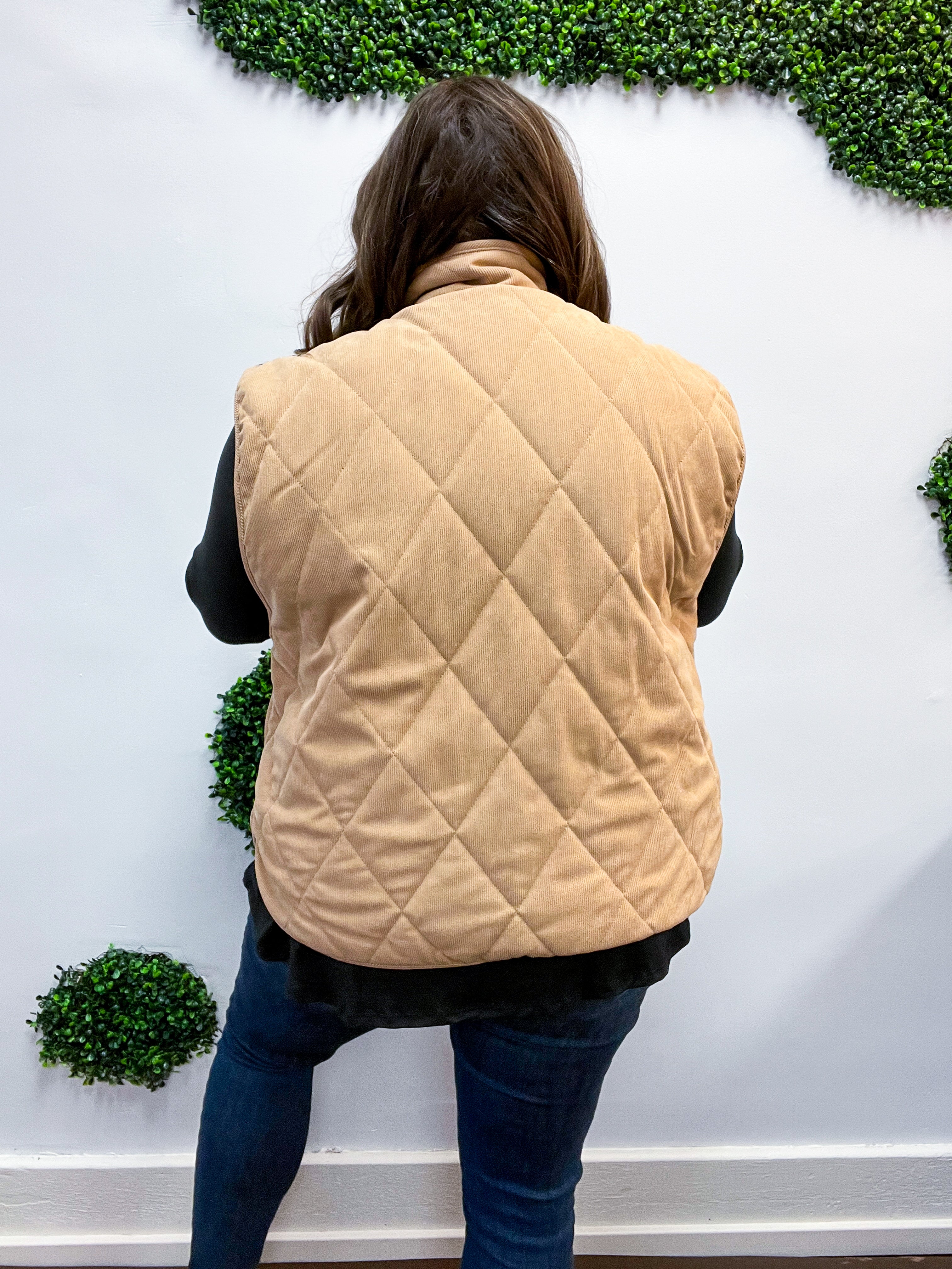Loving Layers Taupe Corduroy Snap Button Quilted Vest