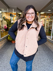 Loving Layers Taupe Corduroy Snap Button Quilted Vest