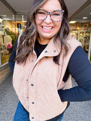 Loving Layers Taupe Corduroy Snap Button Quilted Vest